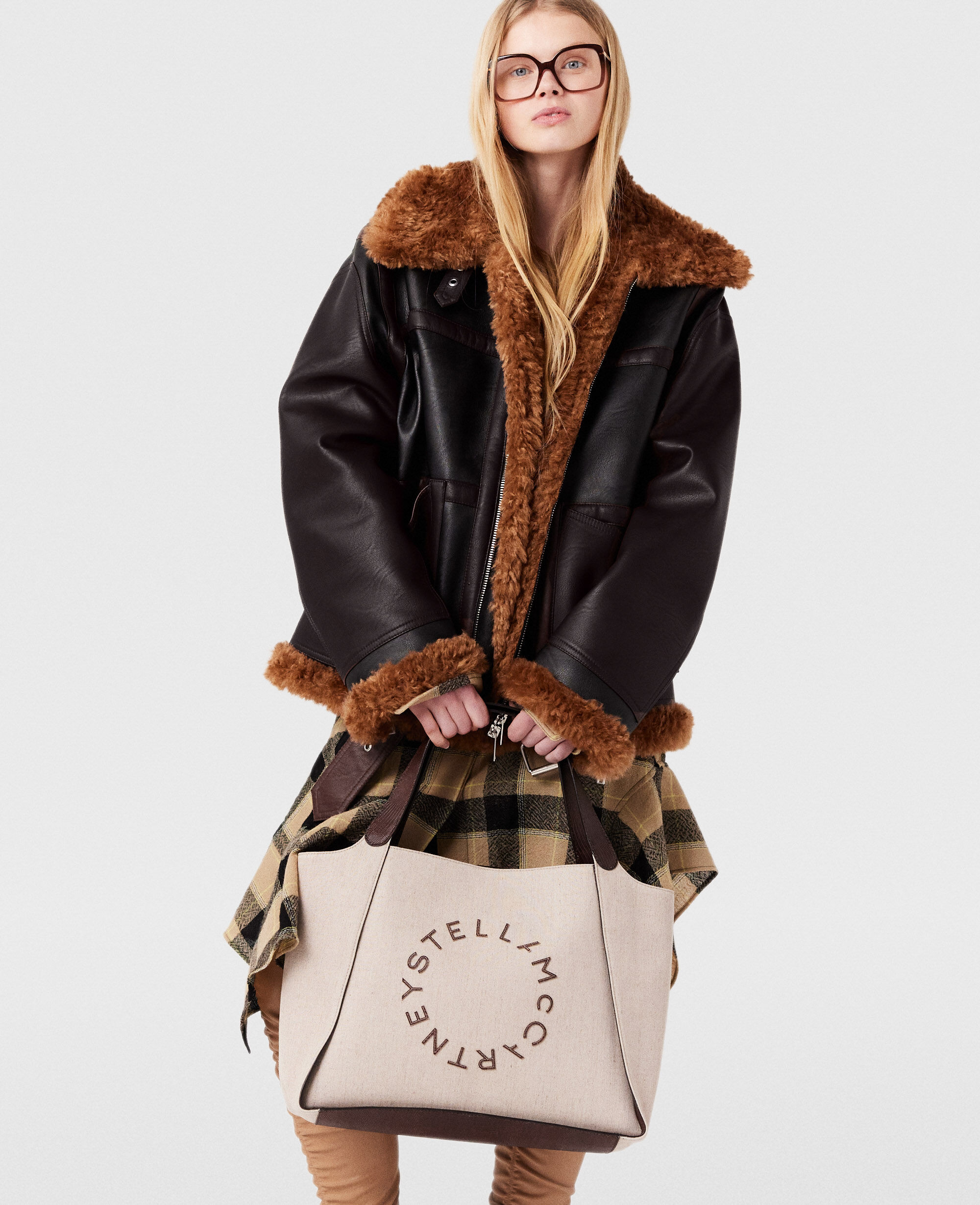 Women Beige and black Flared Check Midi Dress | Stella McCartney US