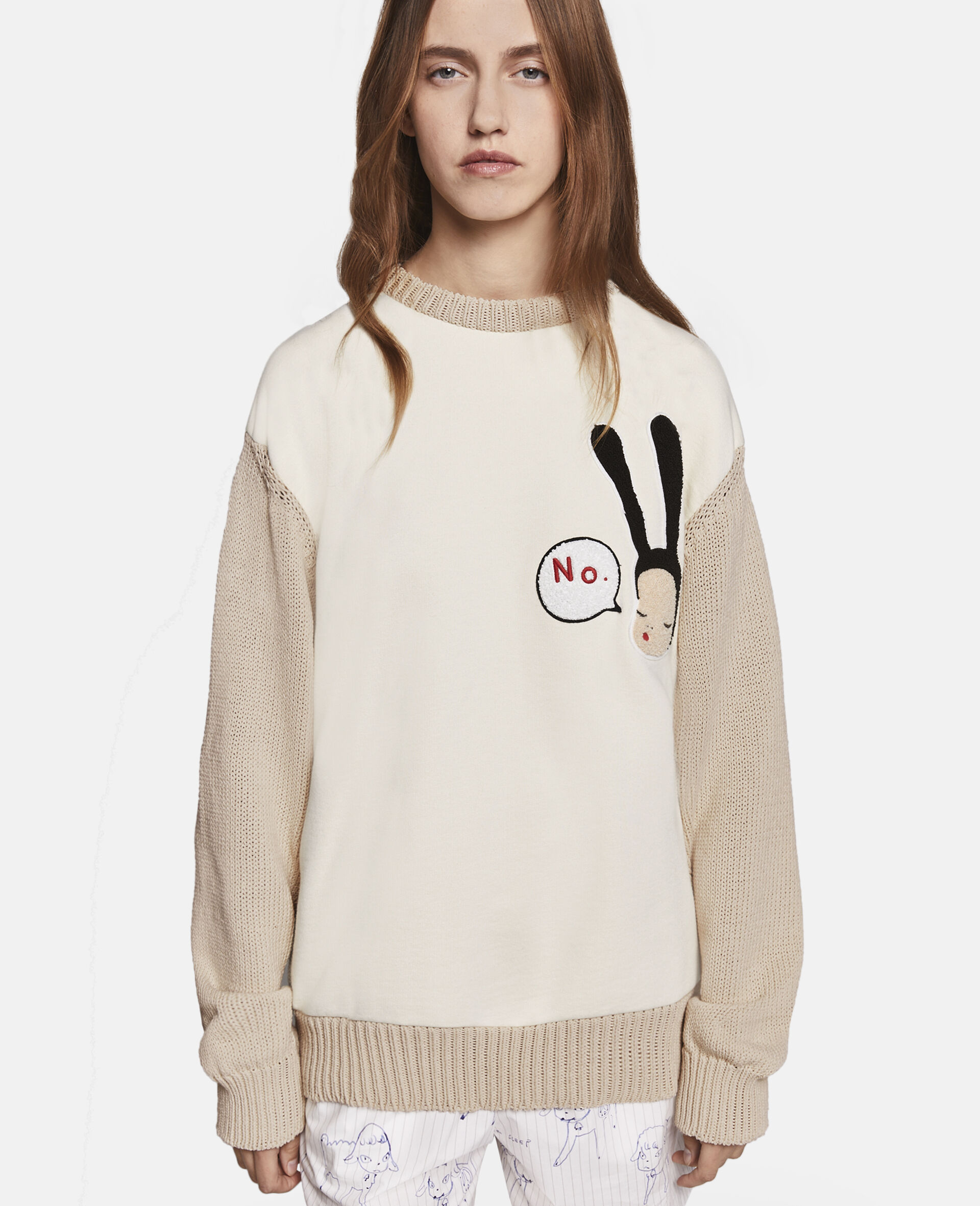 Maglione in cotone con ricamo Little Black Bunny-Beige-large image number 0