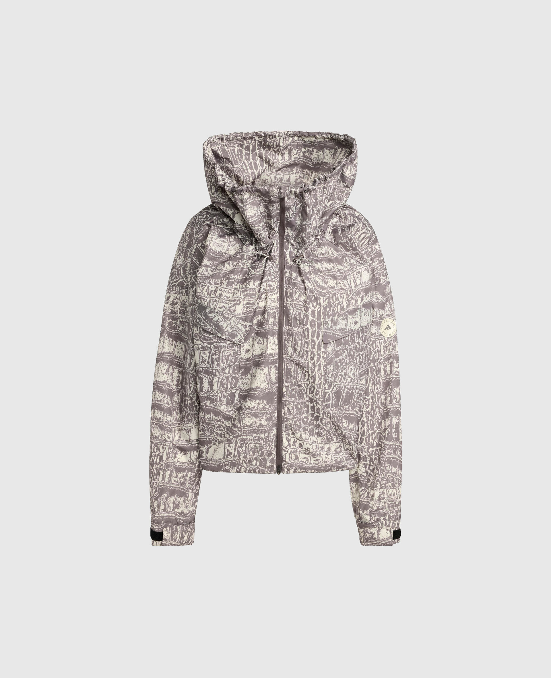 High-Neck Snake Print Hooded Jacket-Beige-large image number 0