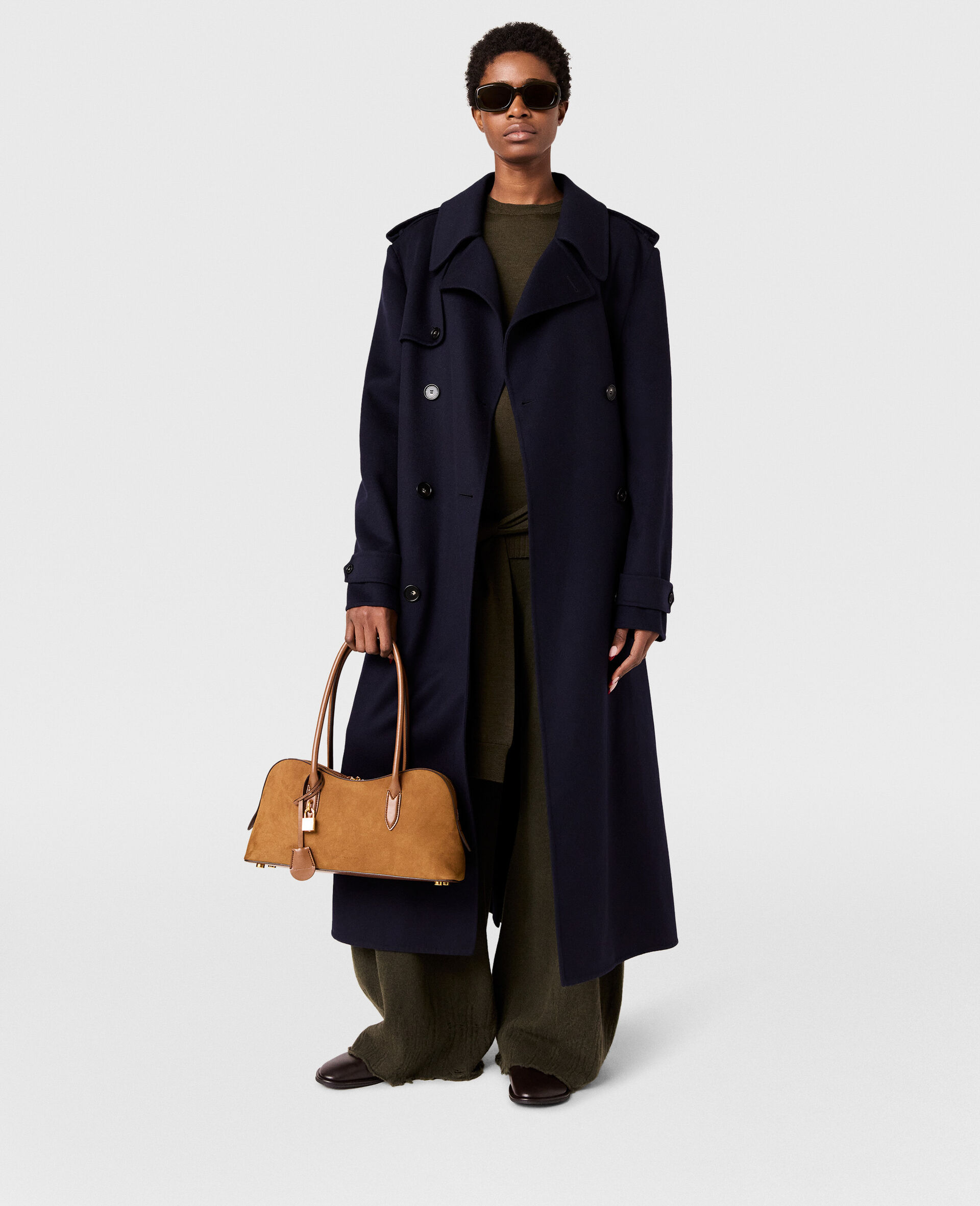 Double-Breasted Belted Trench Coat-Blue-medium