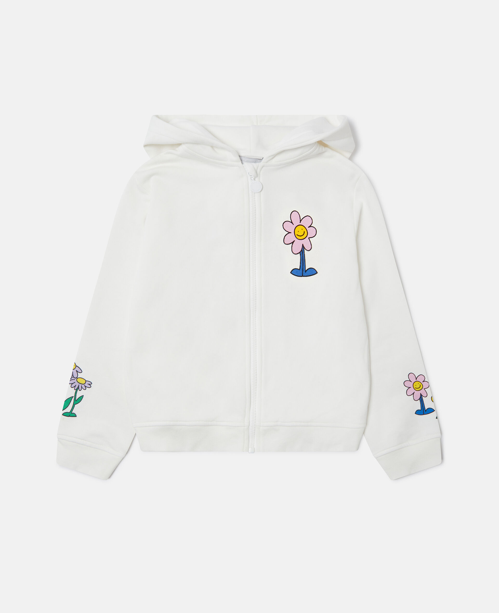Felpa con Cappuccio, Zip e Grafica Fiori-Bianco-medium