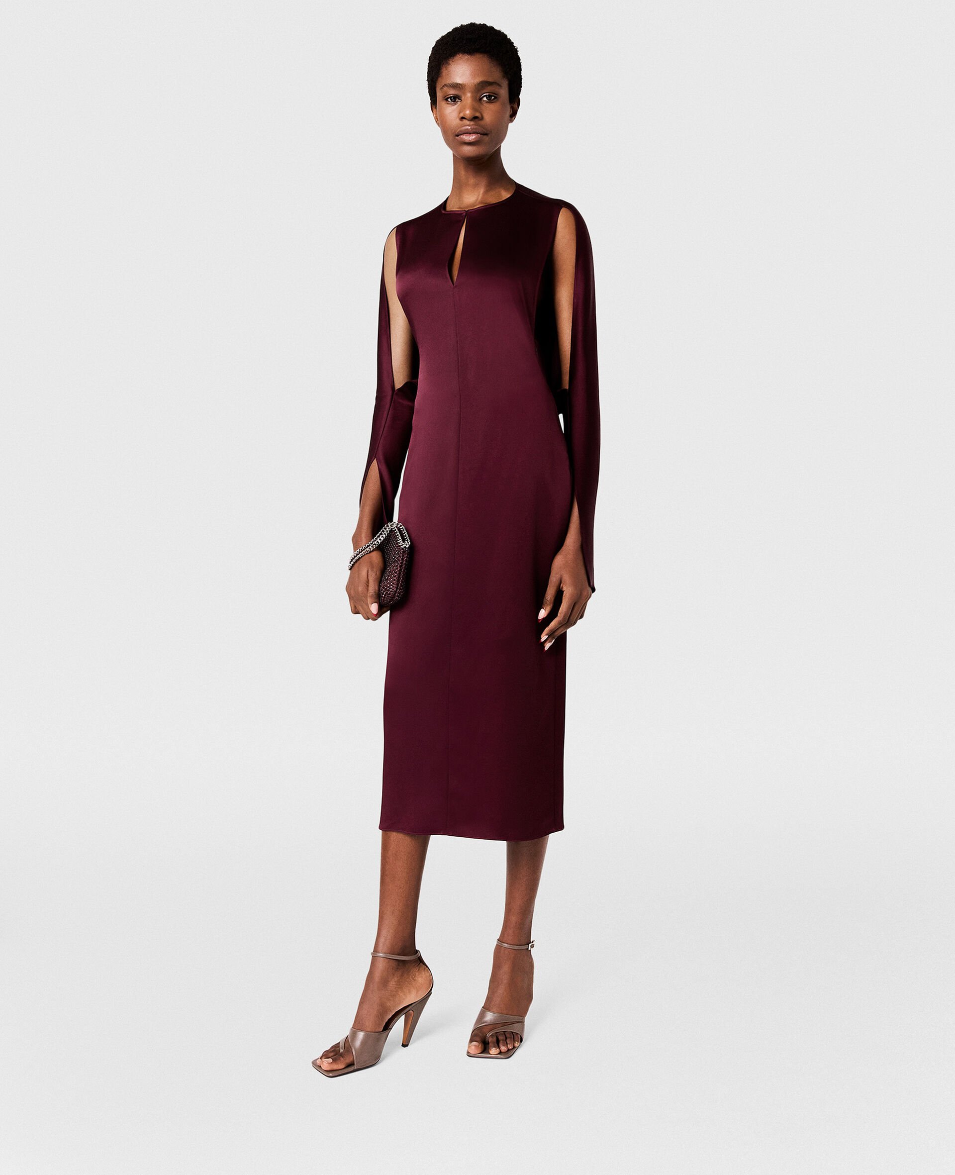 Cape-Sleeve Cut-Out Satin Midi Dress-Red-model