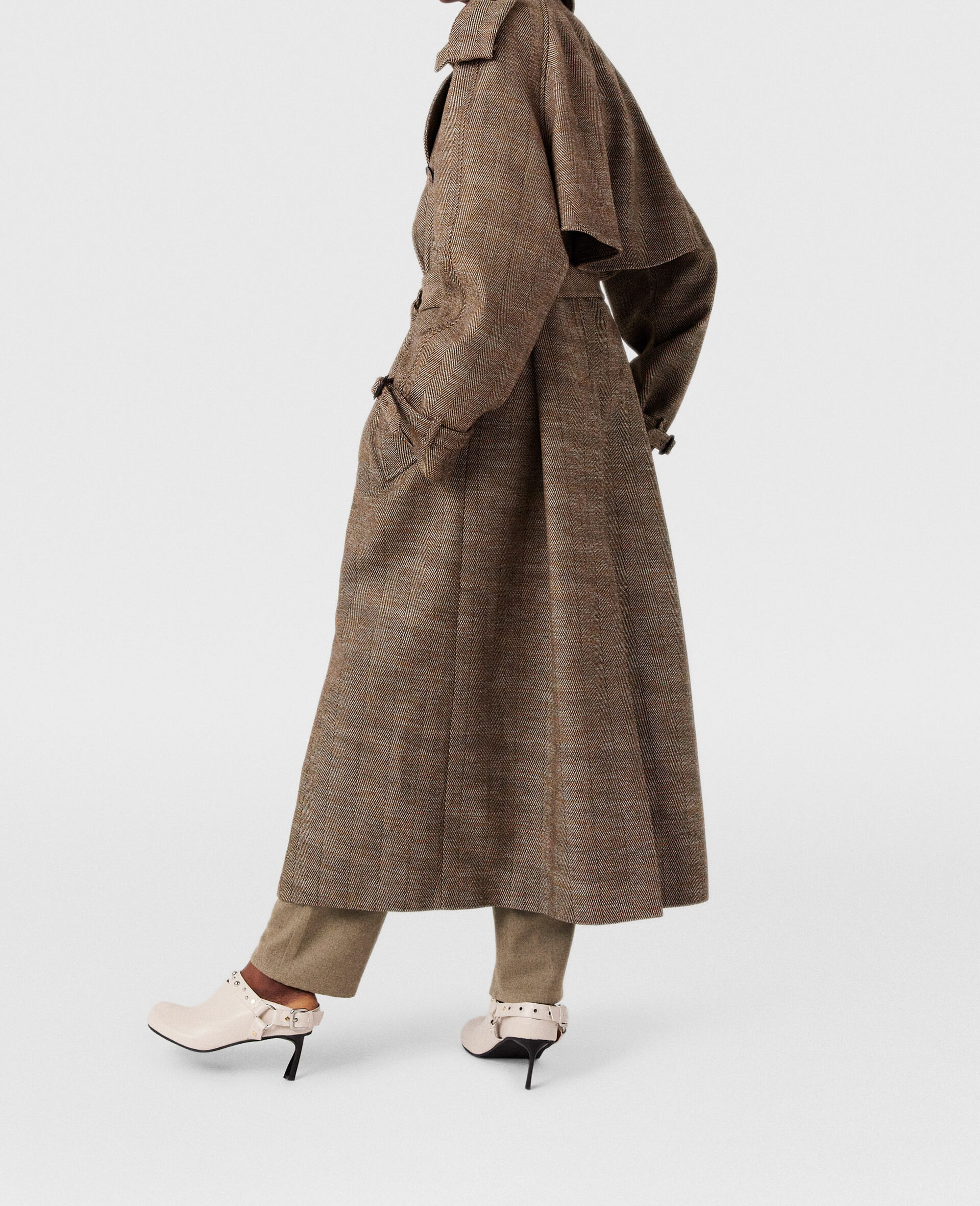 Belted Herringbone Trench Coat-Brown-large image number 4