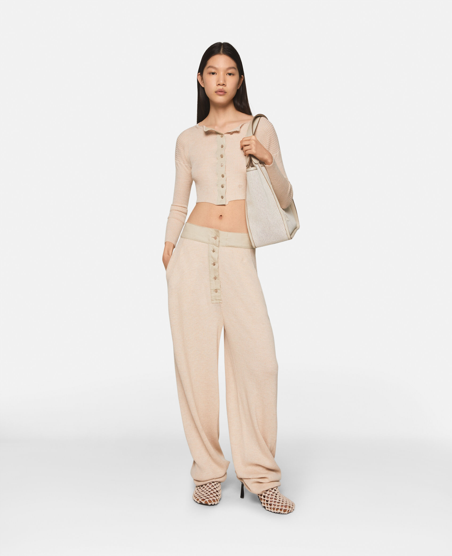 Waffle-Knit Mid-Rise Wool Trousers-White-model