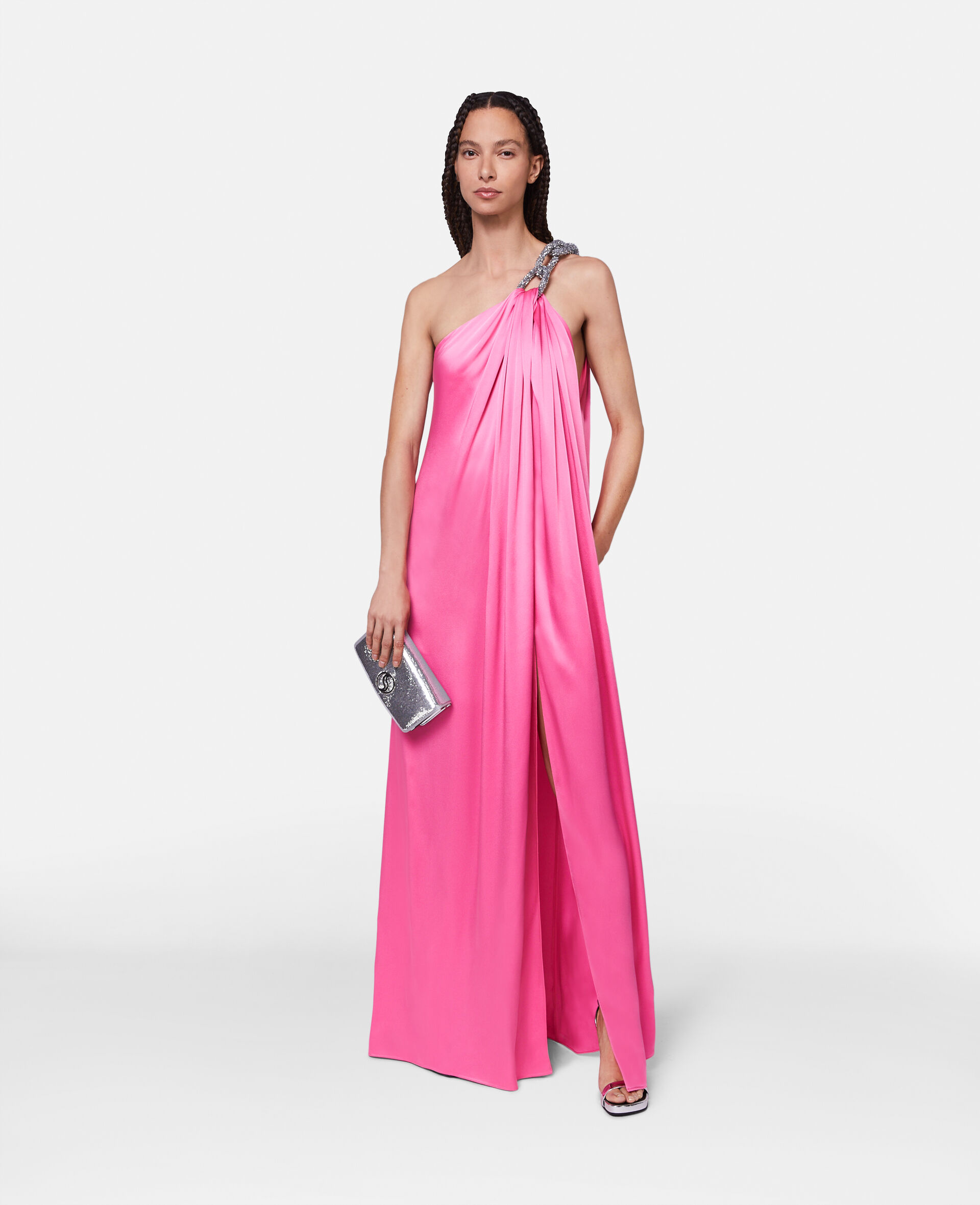 Robe longue asymétrique en double satin avec maillons à cristaux Falabella-Rose-medium