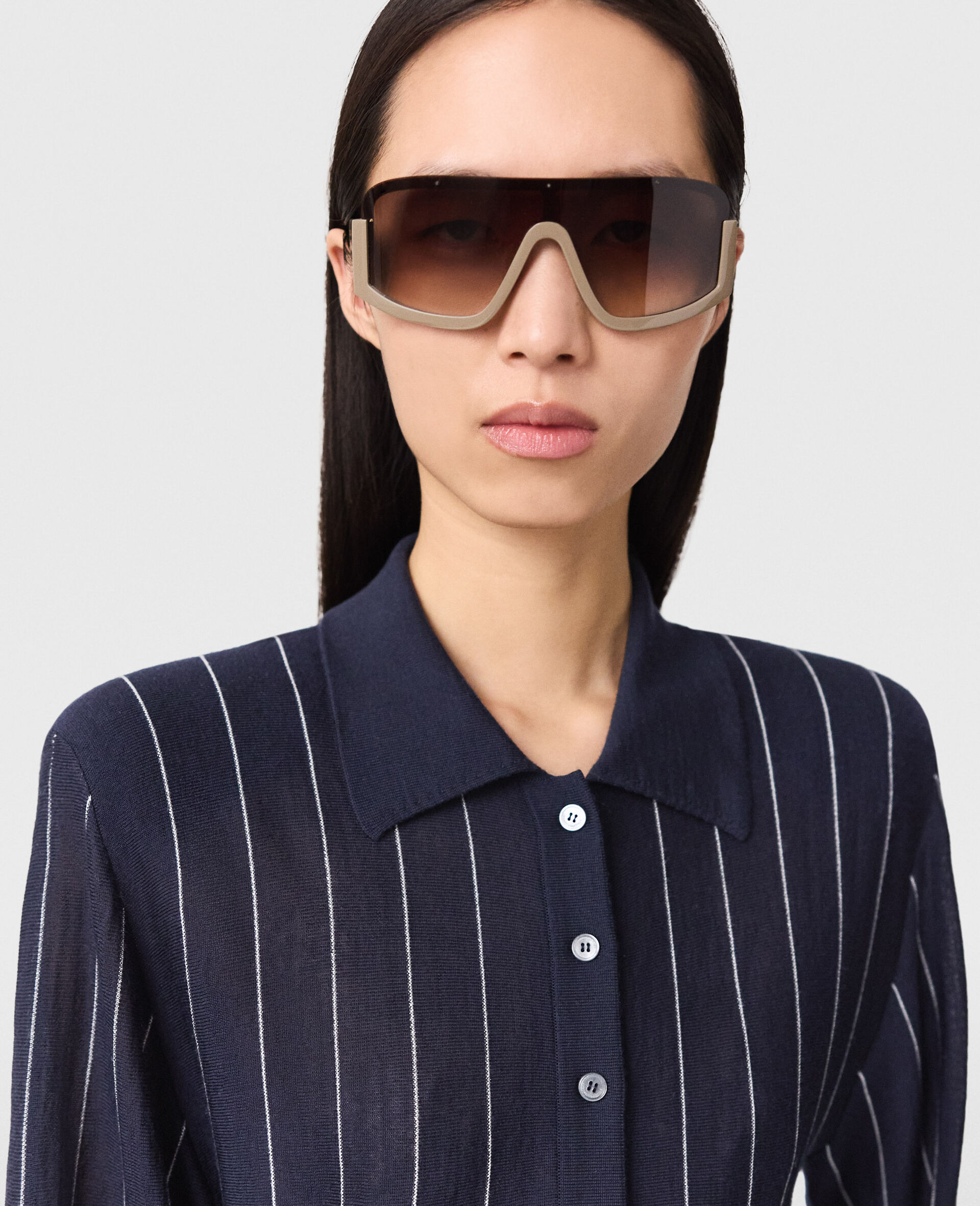 Collared Pinstripe Long Sleeve Top-Blue-large image number 3
