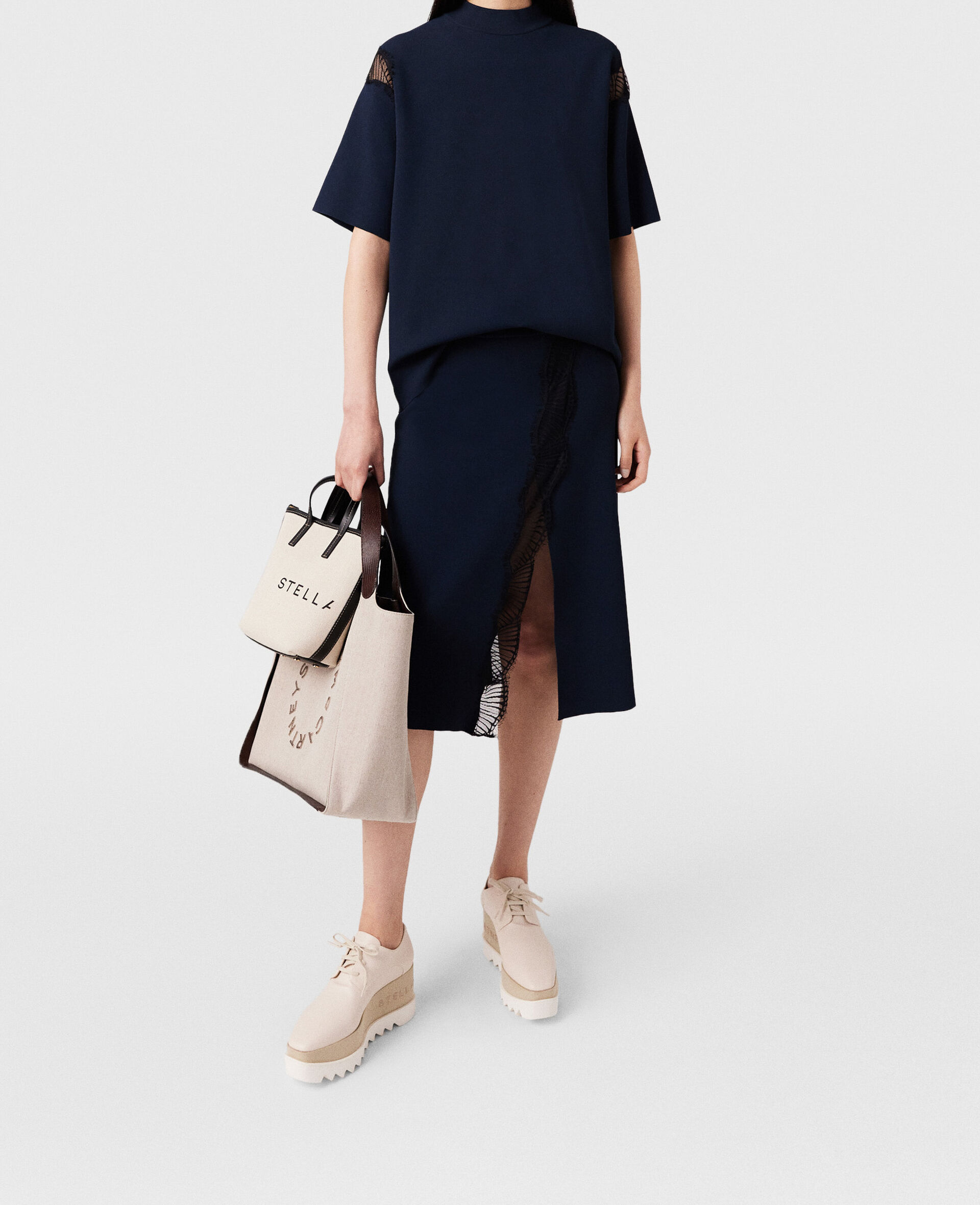 Lace Insert Mid-Rise Midi Skirt-Blue-large image number 1