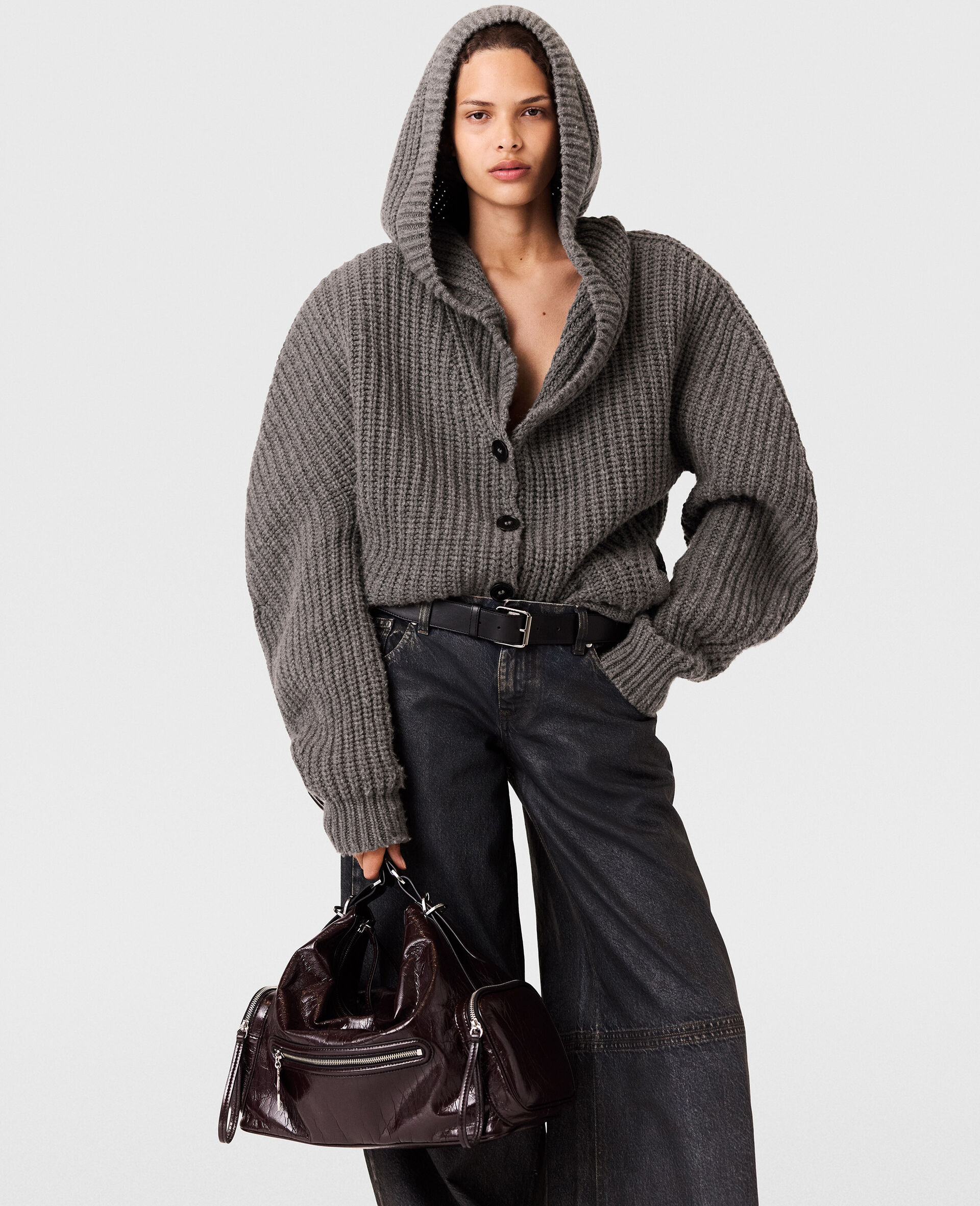 Chunky Ribbed Hooded Cardigan-Grey-model