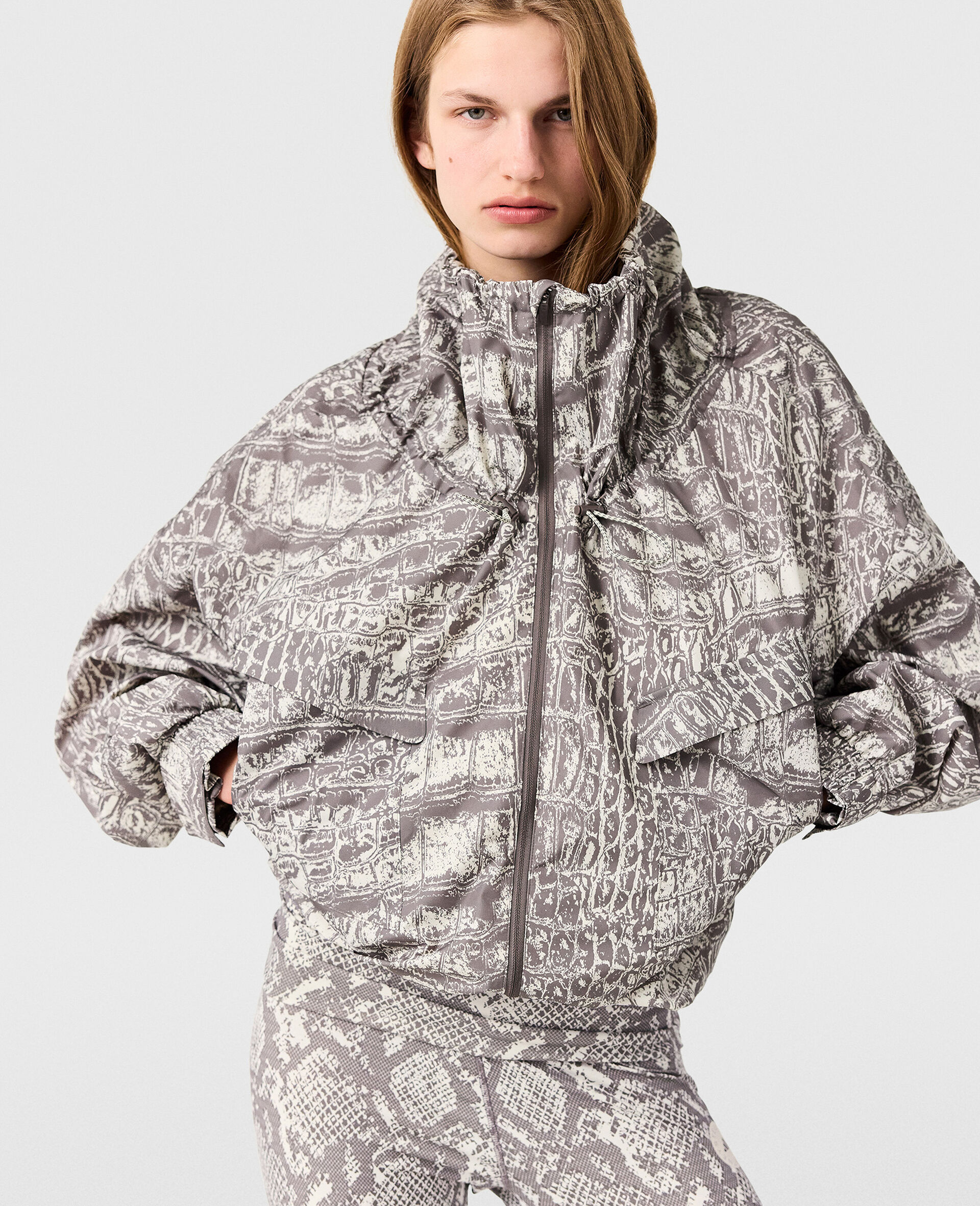 High-Neck Snake Print Hooded Jacket-Beige-model