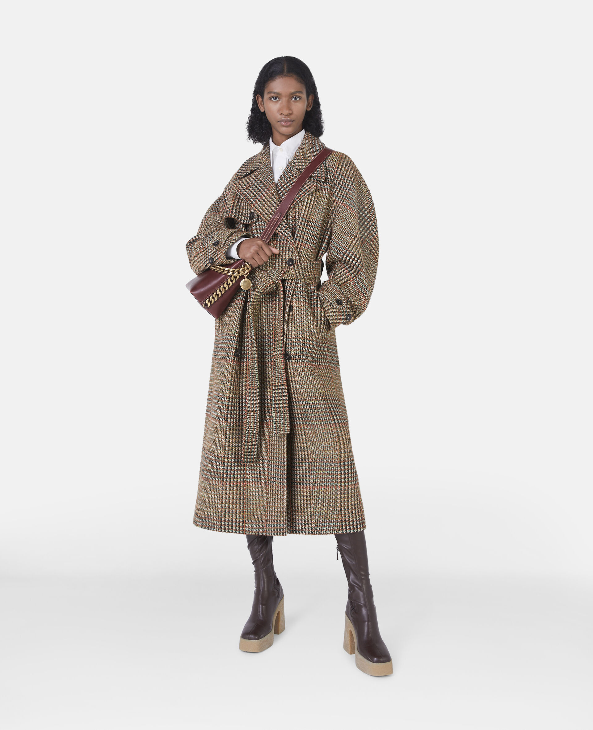 Langer Mantel mit Guertel aus Tweed-Brown-model