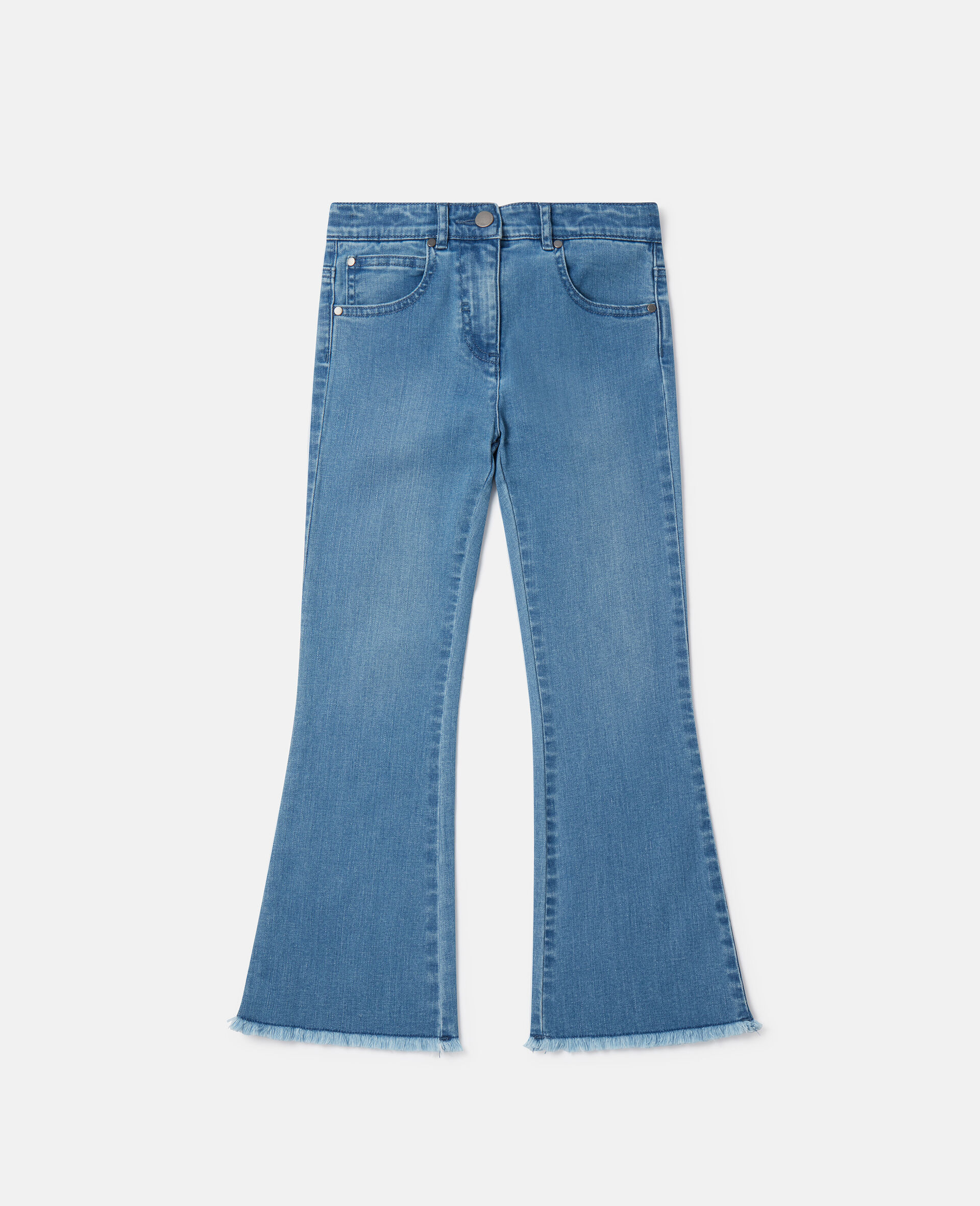 Ausgestellte Jeans mit Mid Washed-Optik und Fransensaum-Blau-medium