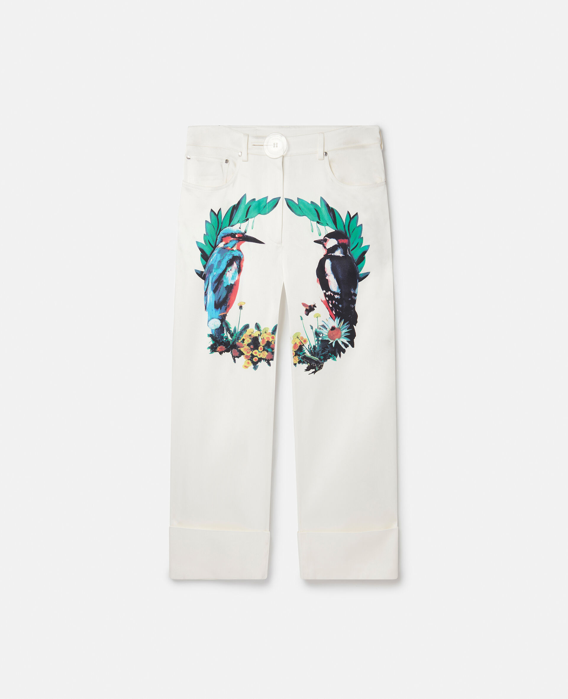 Pantalon tailleur en satin imprime ecussons d oiseaux-Noir-large image number 0