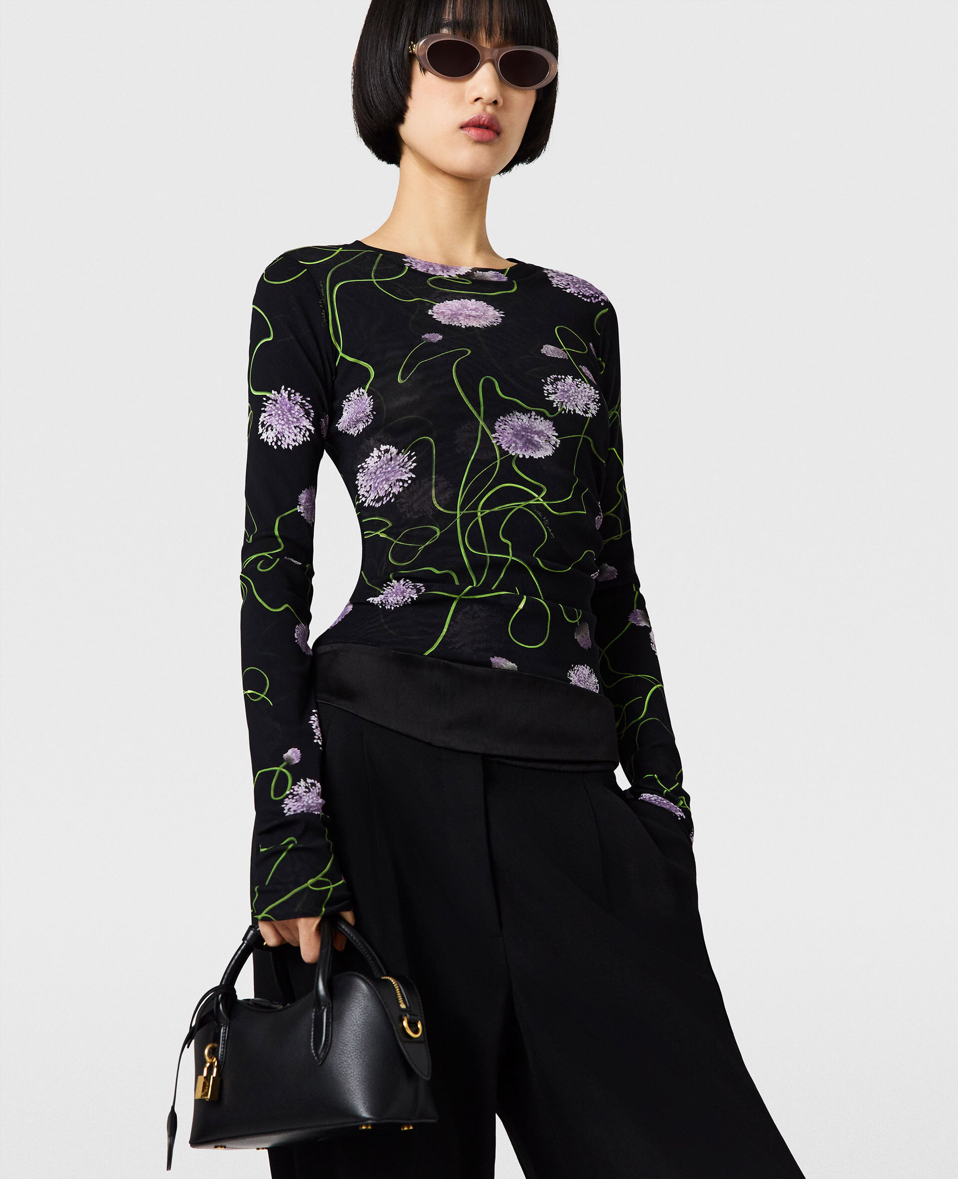 Mesh Twisted Floral Top-Black-medium