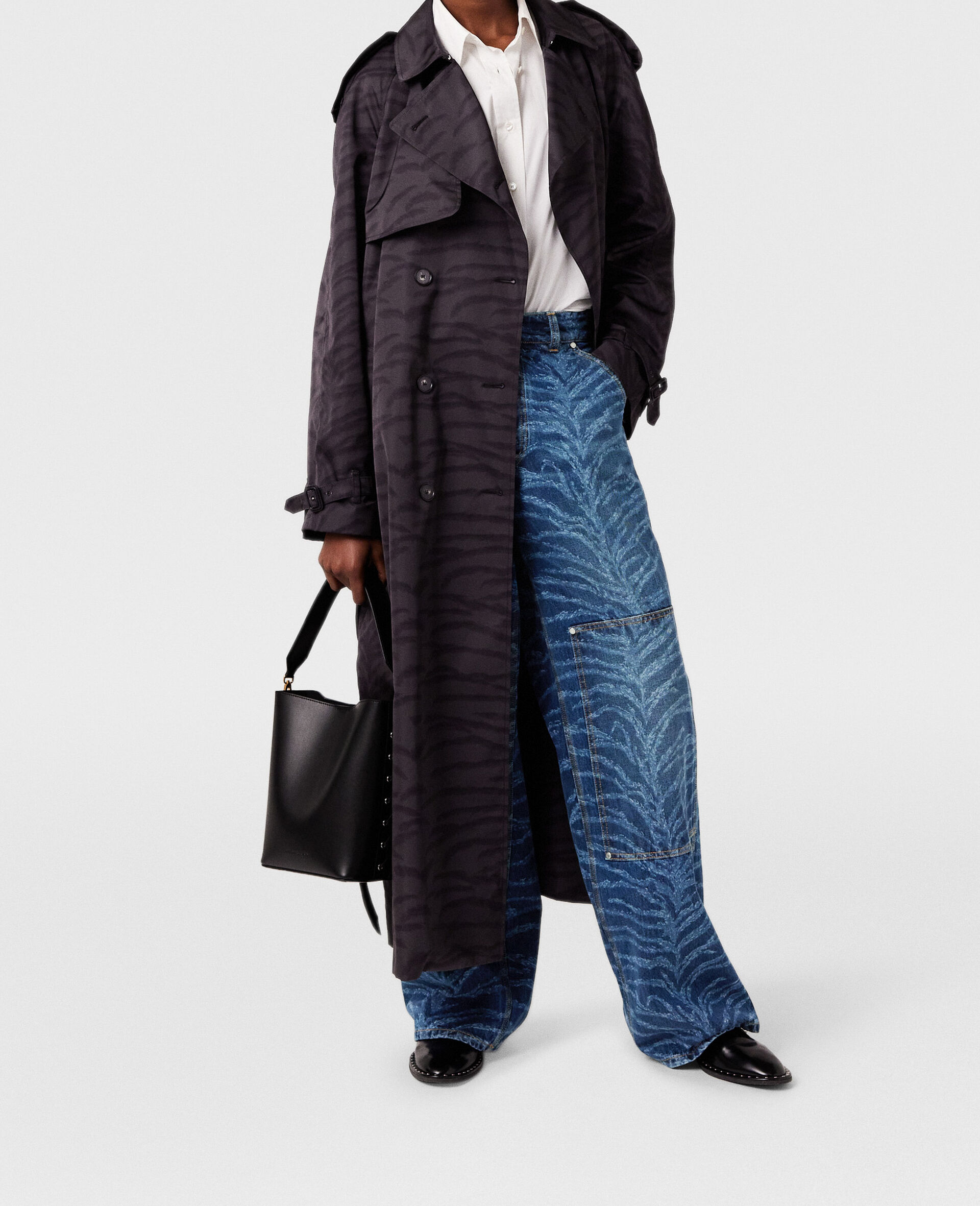 Tiger Print Belted Trench Coat -Black-model
