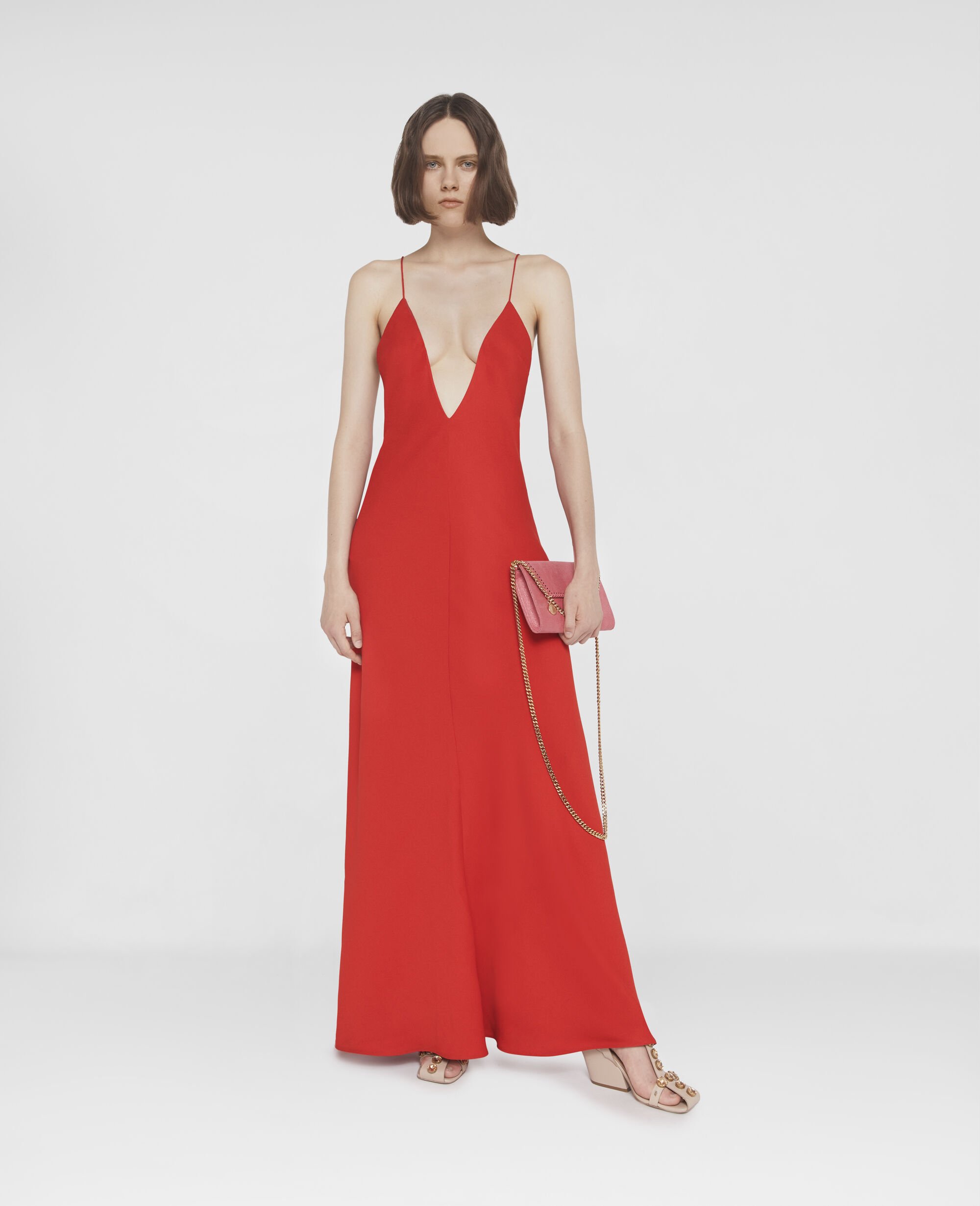 Women Scarlet Red Compact Crepe V Neck Maxi Dress Stella