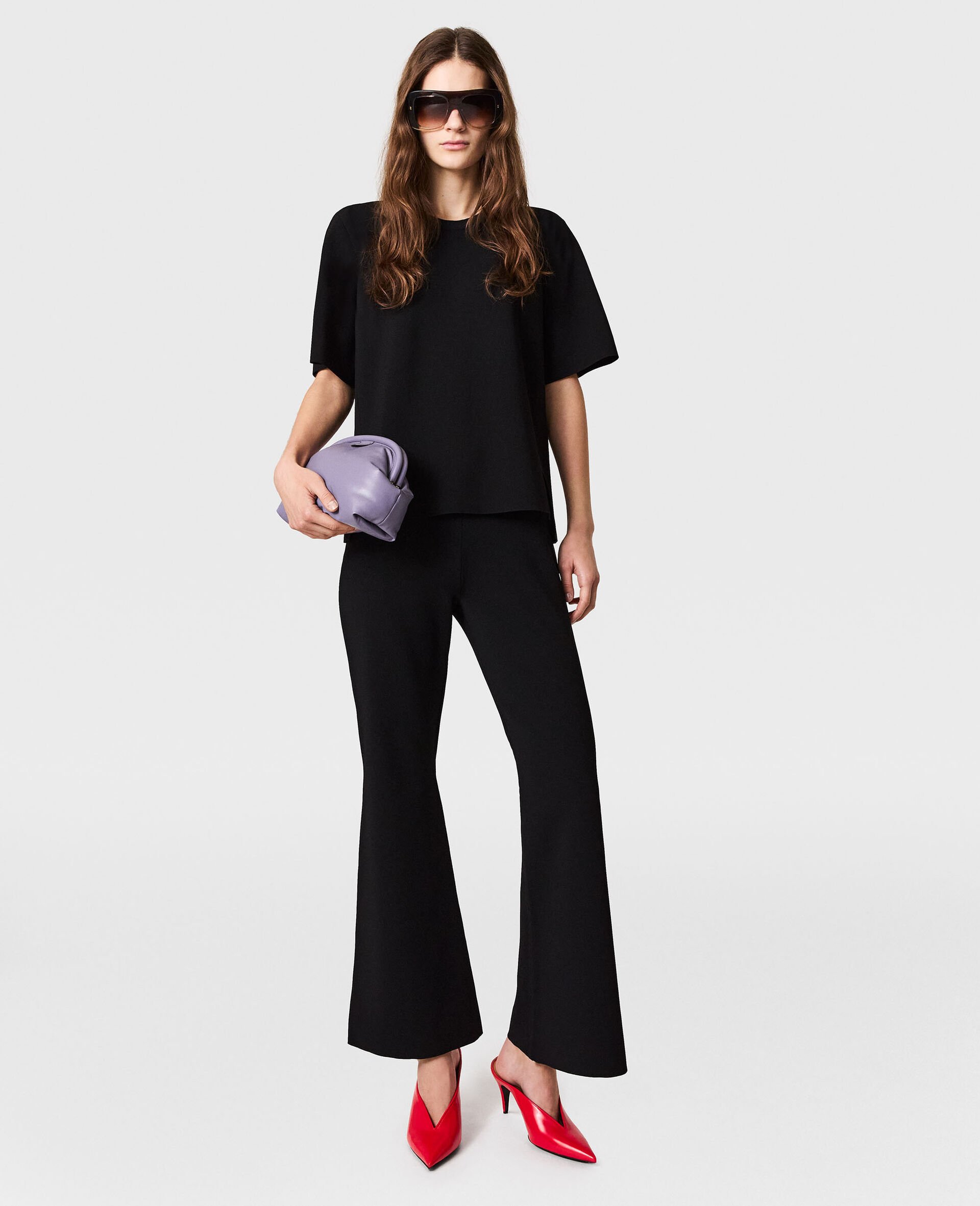Compact Knit Flared Trousers-Black-medium