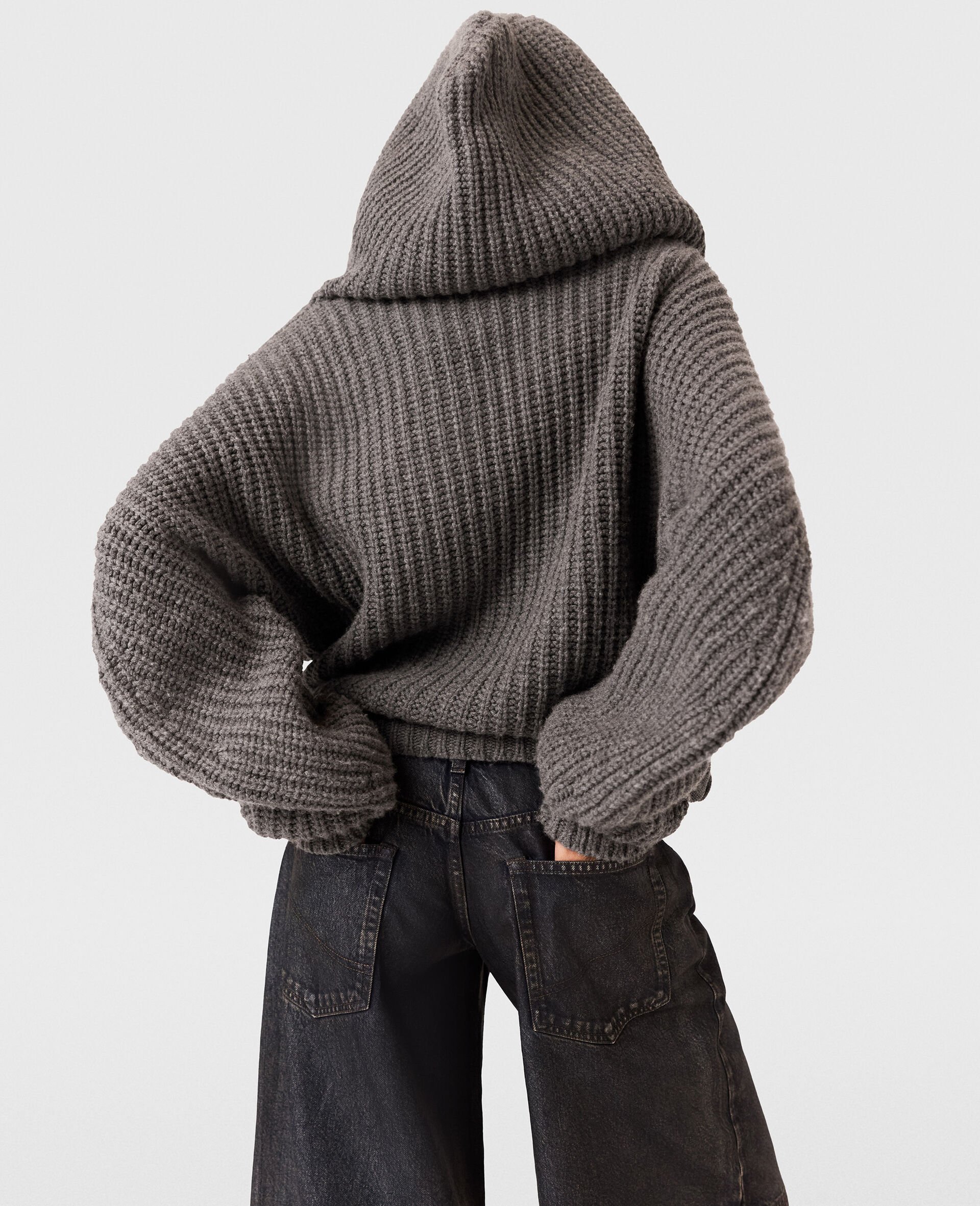 Cardigan con Cappuccio a Coste Spesse-Grigio-large Cardigan con Cappuccio a Coste Spesse-Grigio-large image number 3