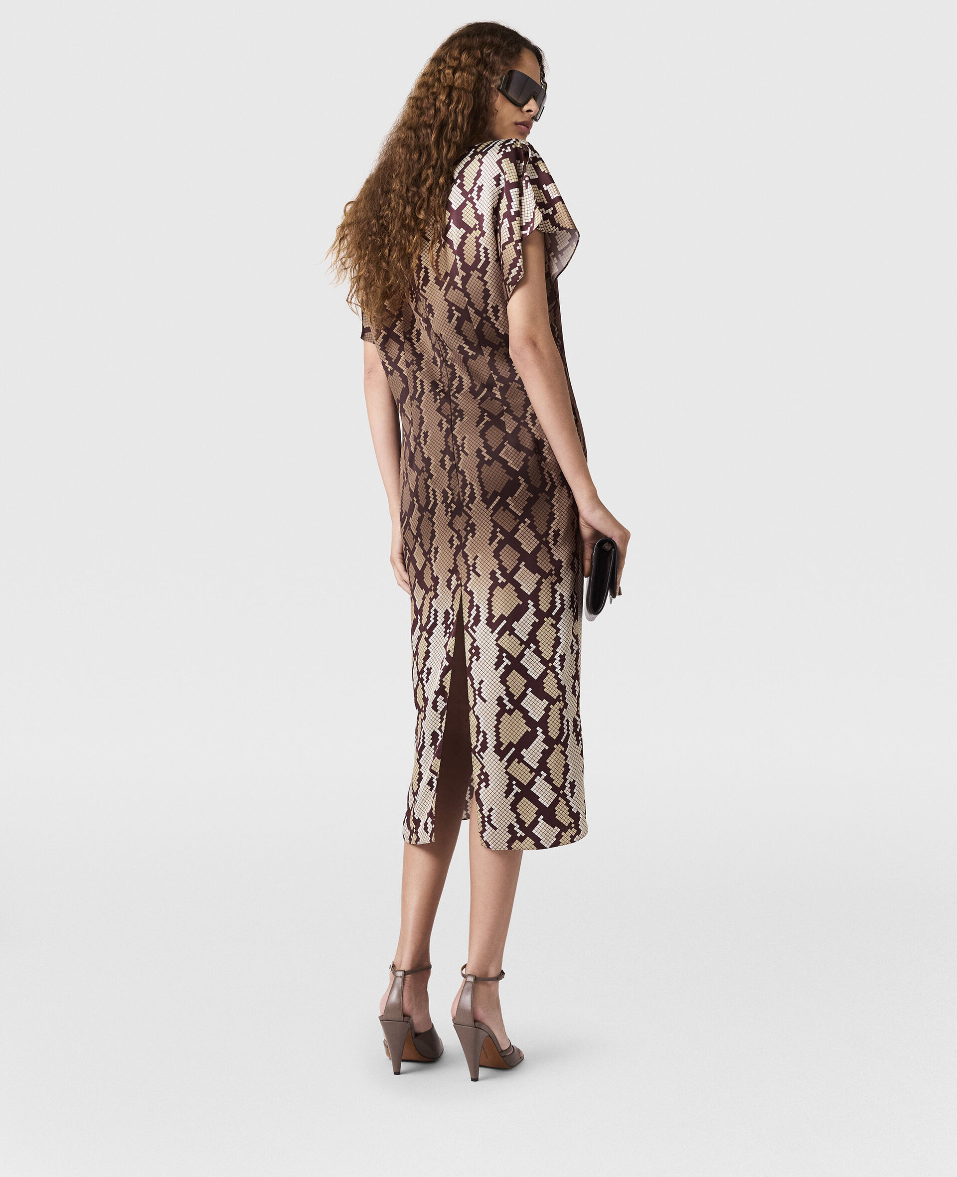 Snake Print Shoulder Pad Midi Dress-Brown-large image number 3