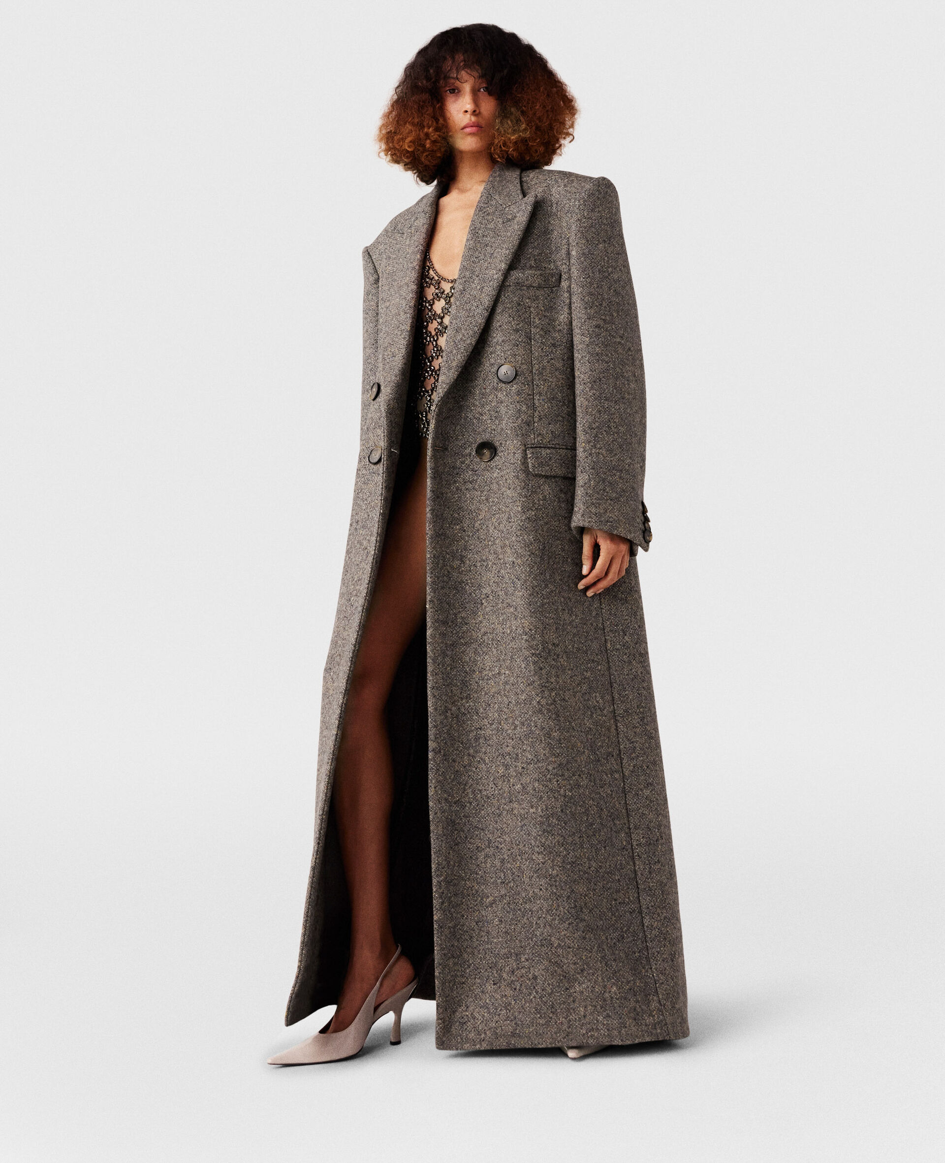 Double Breasted Tweed Long Coat-Beige-large image number 1