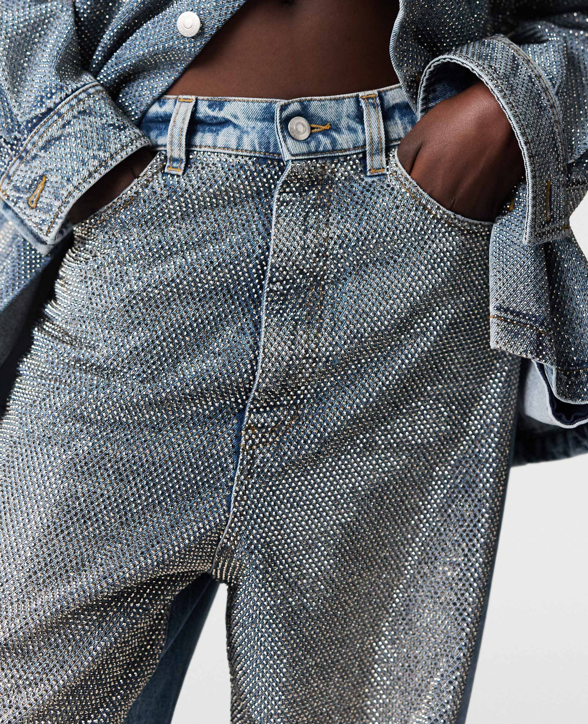 Oversized Crystal-Embellished Denim Jeans-Silver-large image number 3