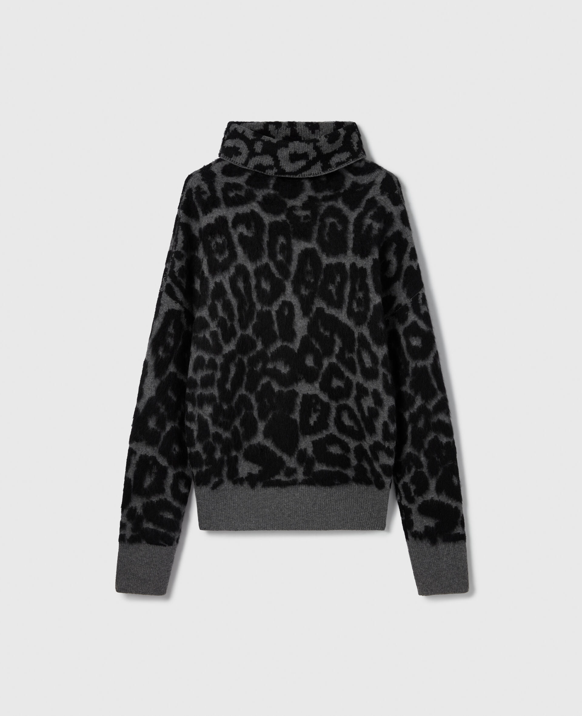 Leopard Jacquard Turtleneck Sweater-Black-large image number 0