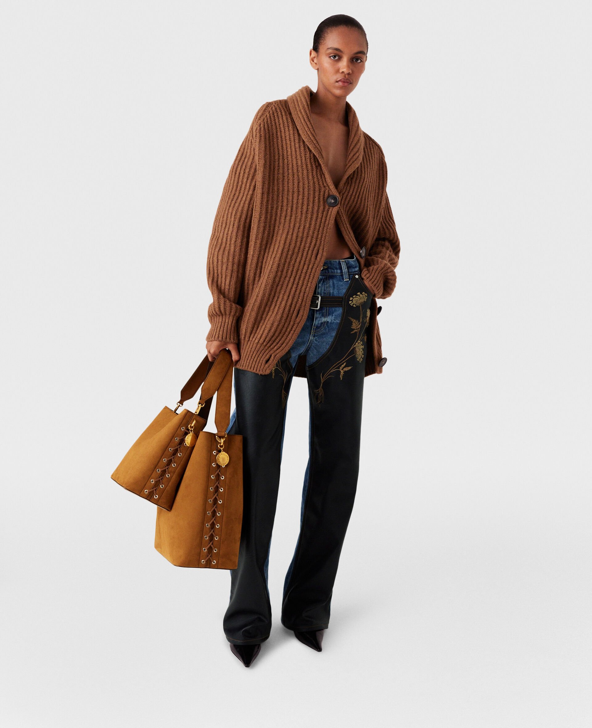 Oversized Ribbed V-Neck Cardigan -Brown-large image number 6