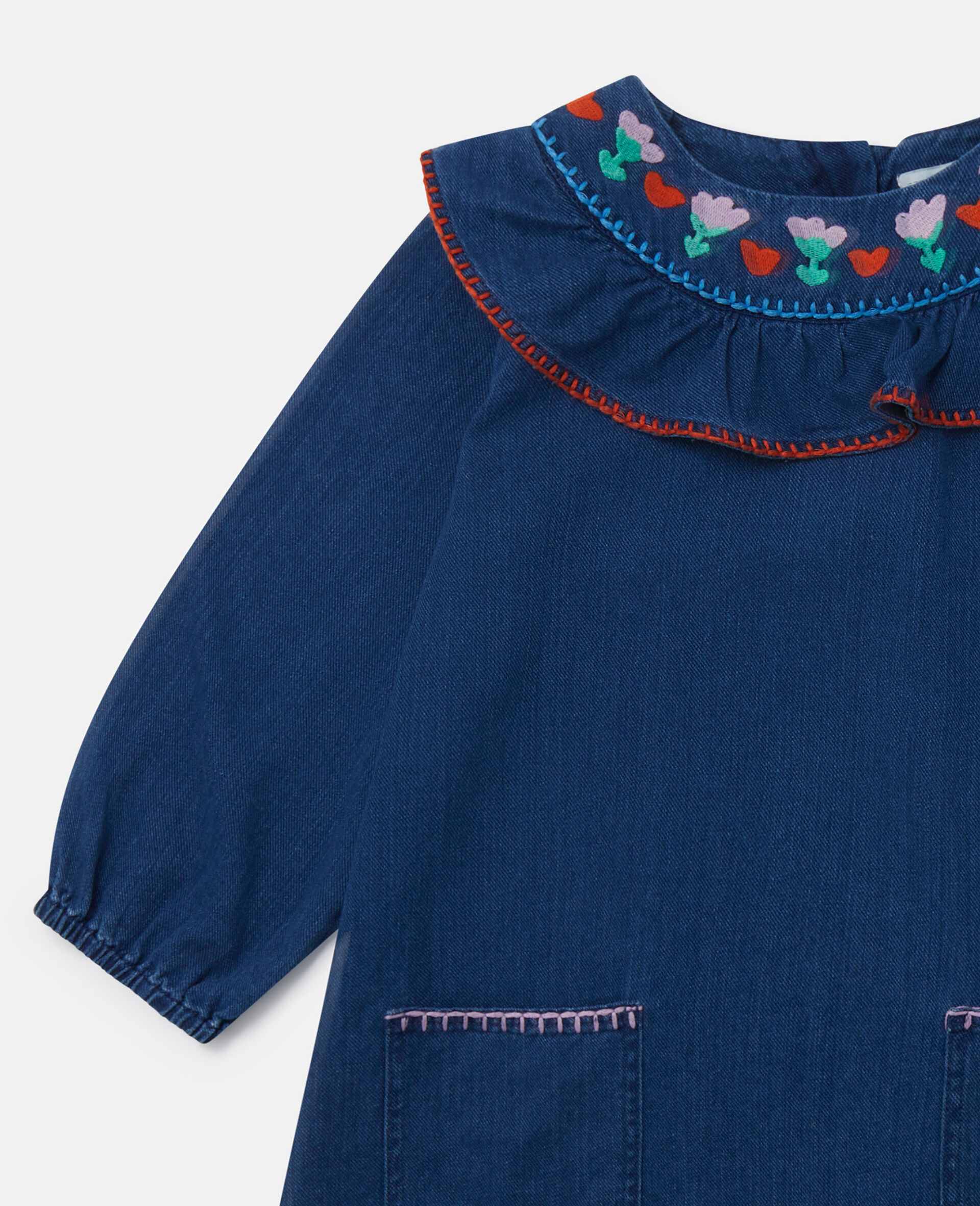 Folk Flower Embroidered Collared Dress-Blue-large image number 1