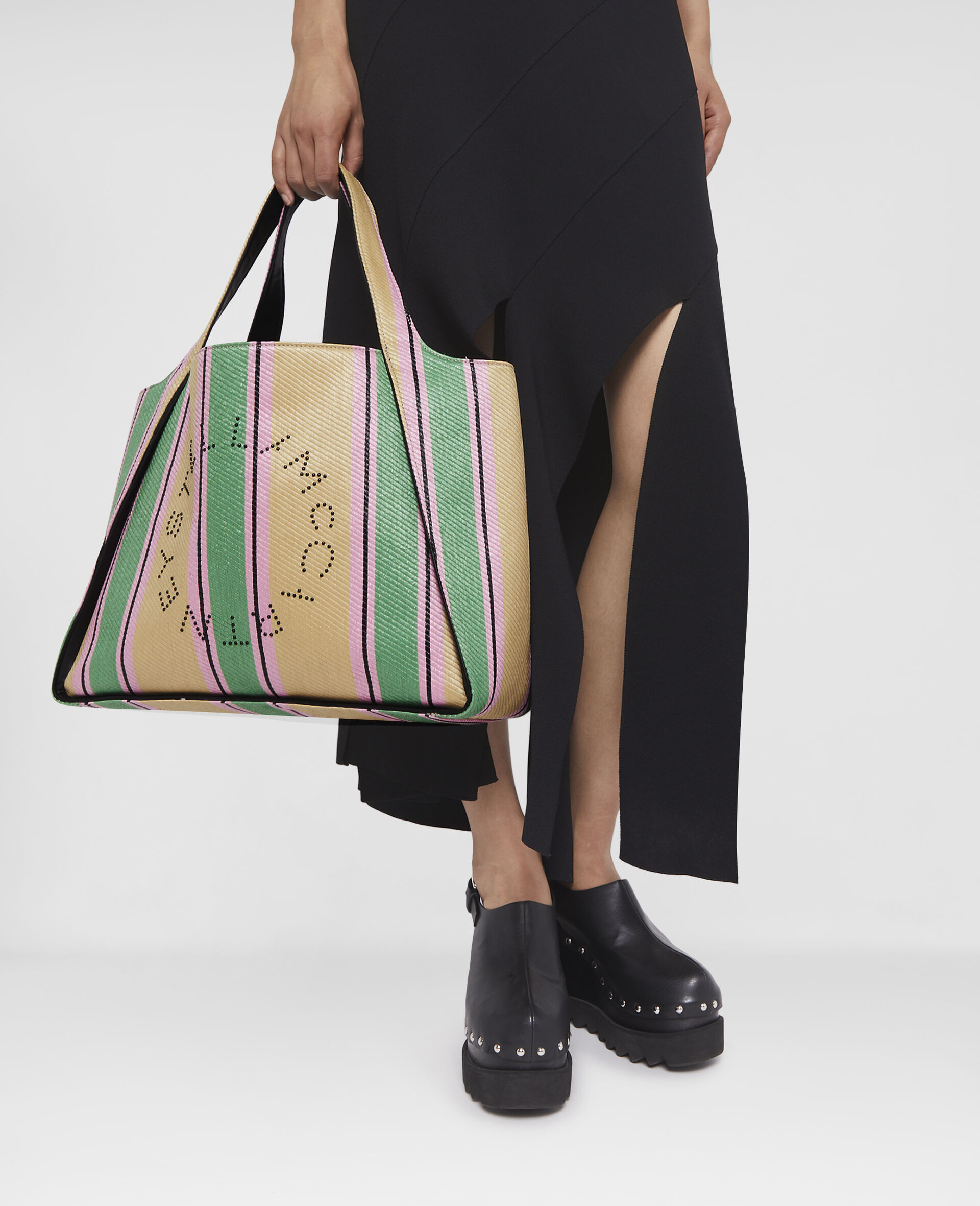 Stella Logo Striped Raffia Tote Bag-Green-medium