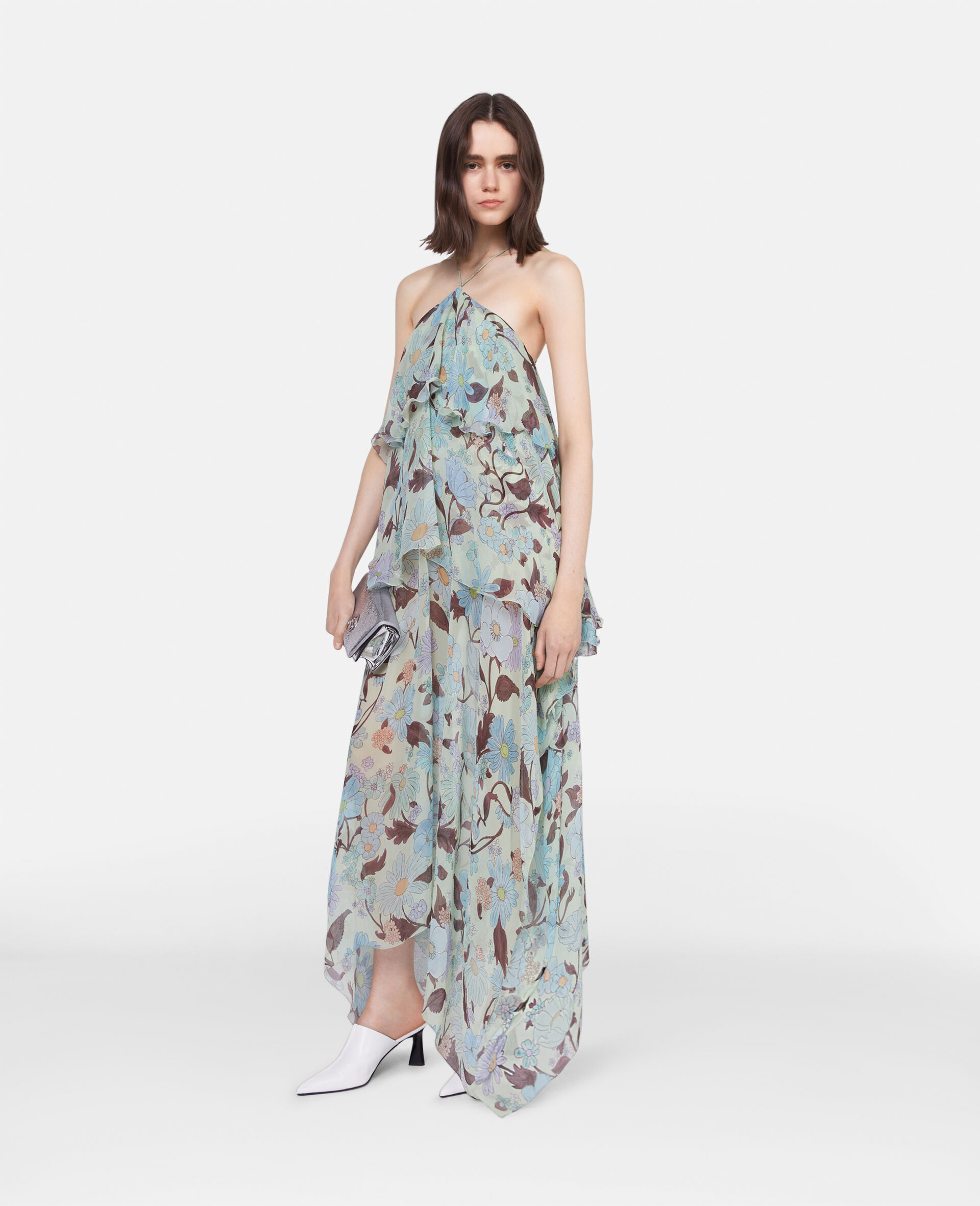 Lady Garden Print Silk Chiffon Halterneck Dress-Multicolour-model