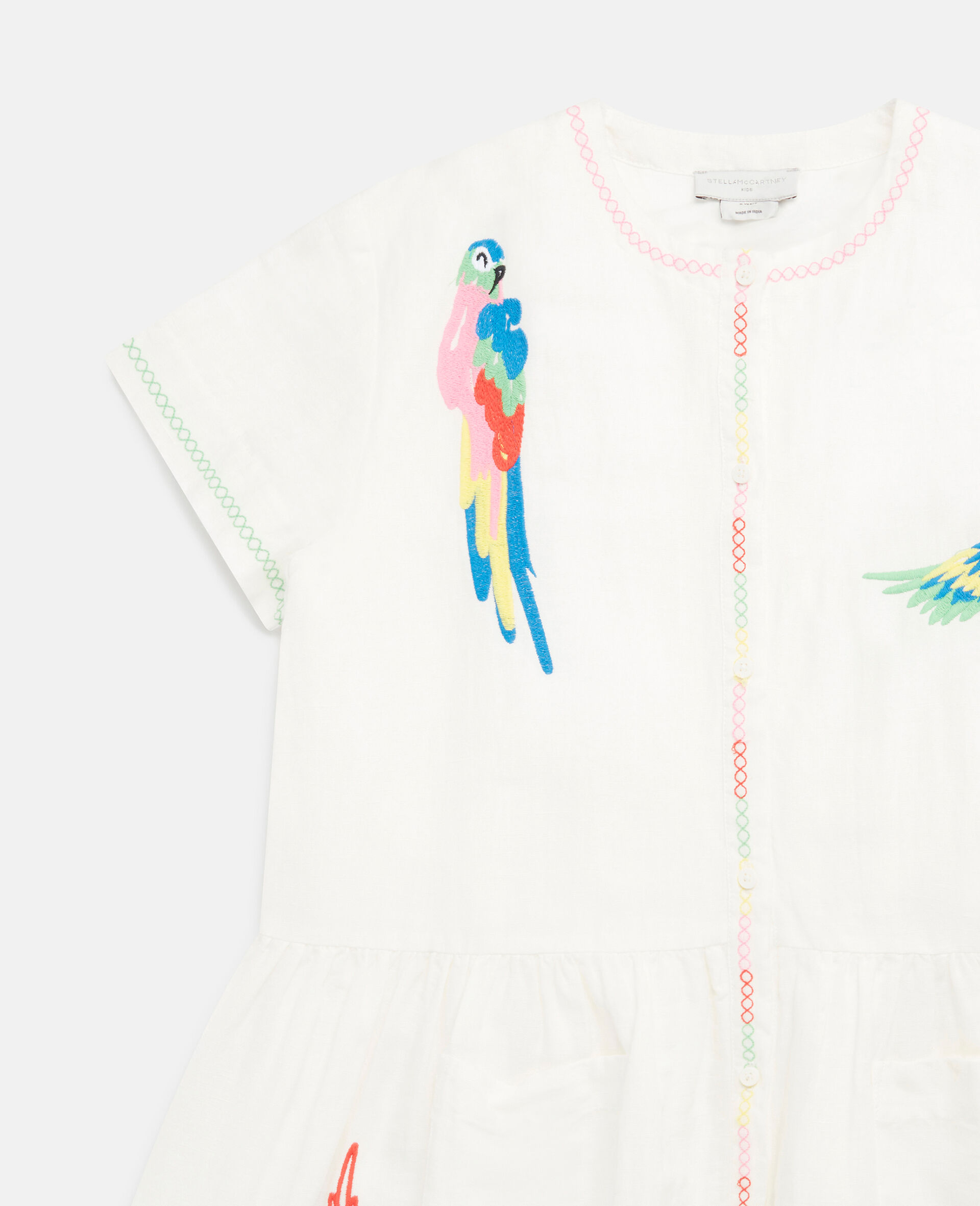 Parrot Embroidery Linen Dress-White-large image number 1