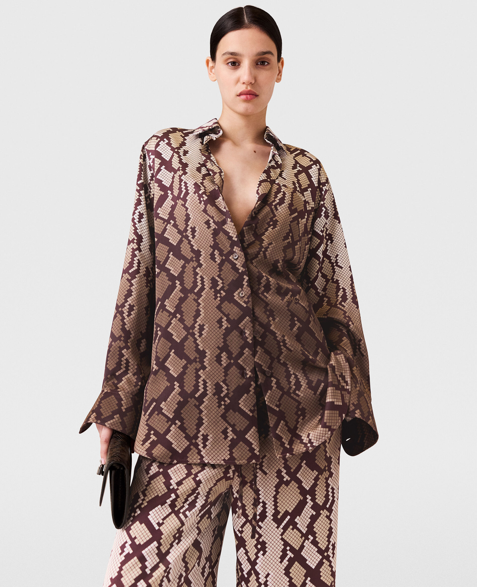 Snake Print Oversized Shirt-Brown-large image number 4
