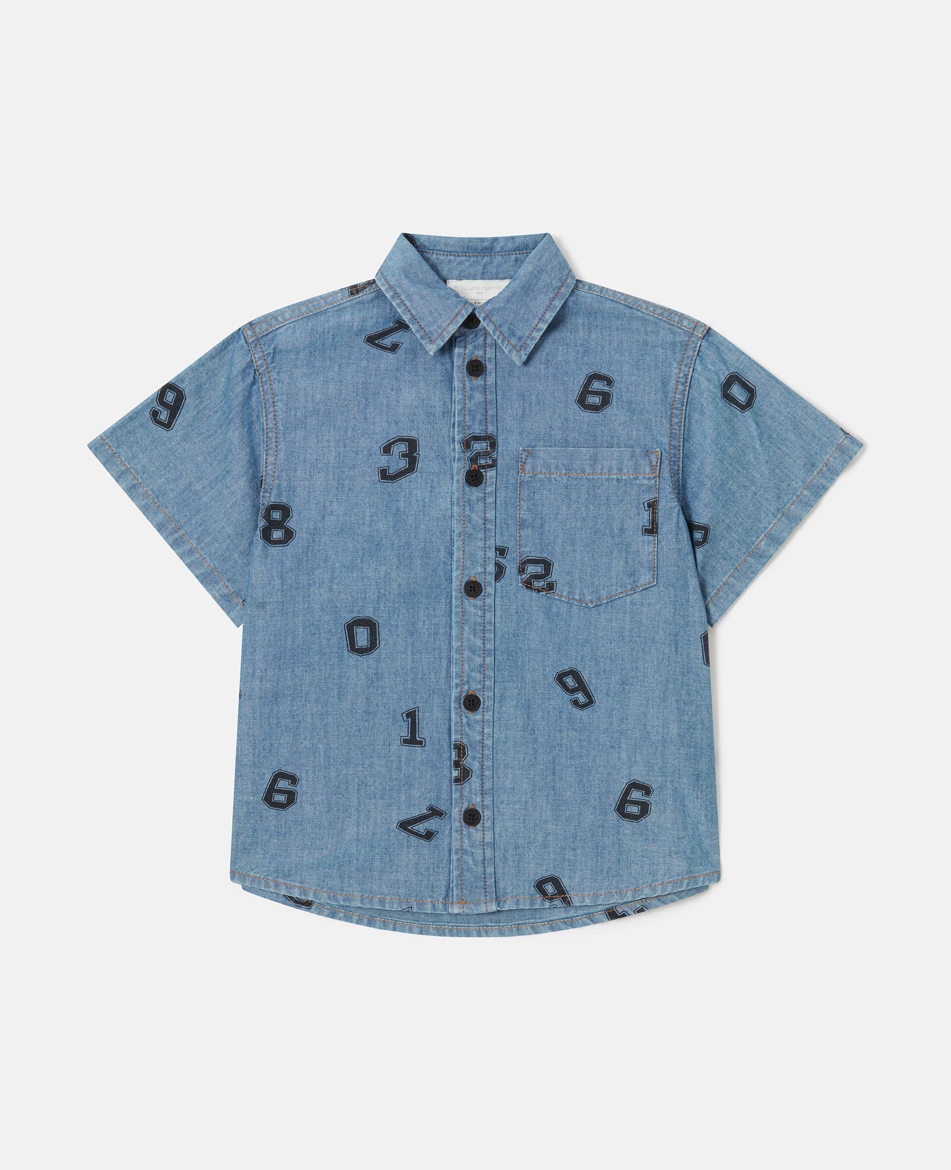 Numbers Print Denim Shirt-Blue-medium