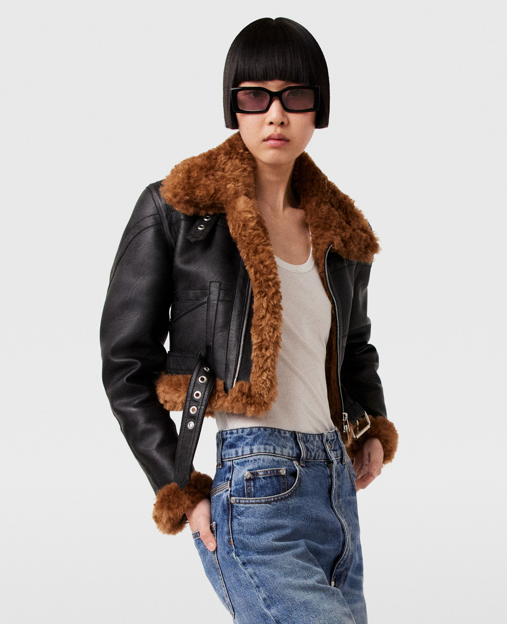 Veste de motard courte en peluche Teddy-Noir-large image number 1