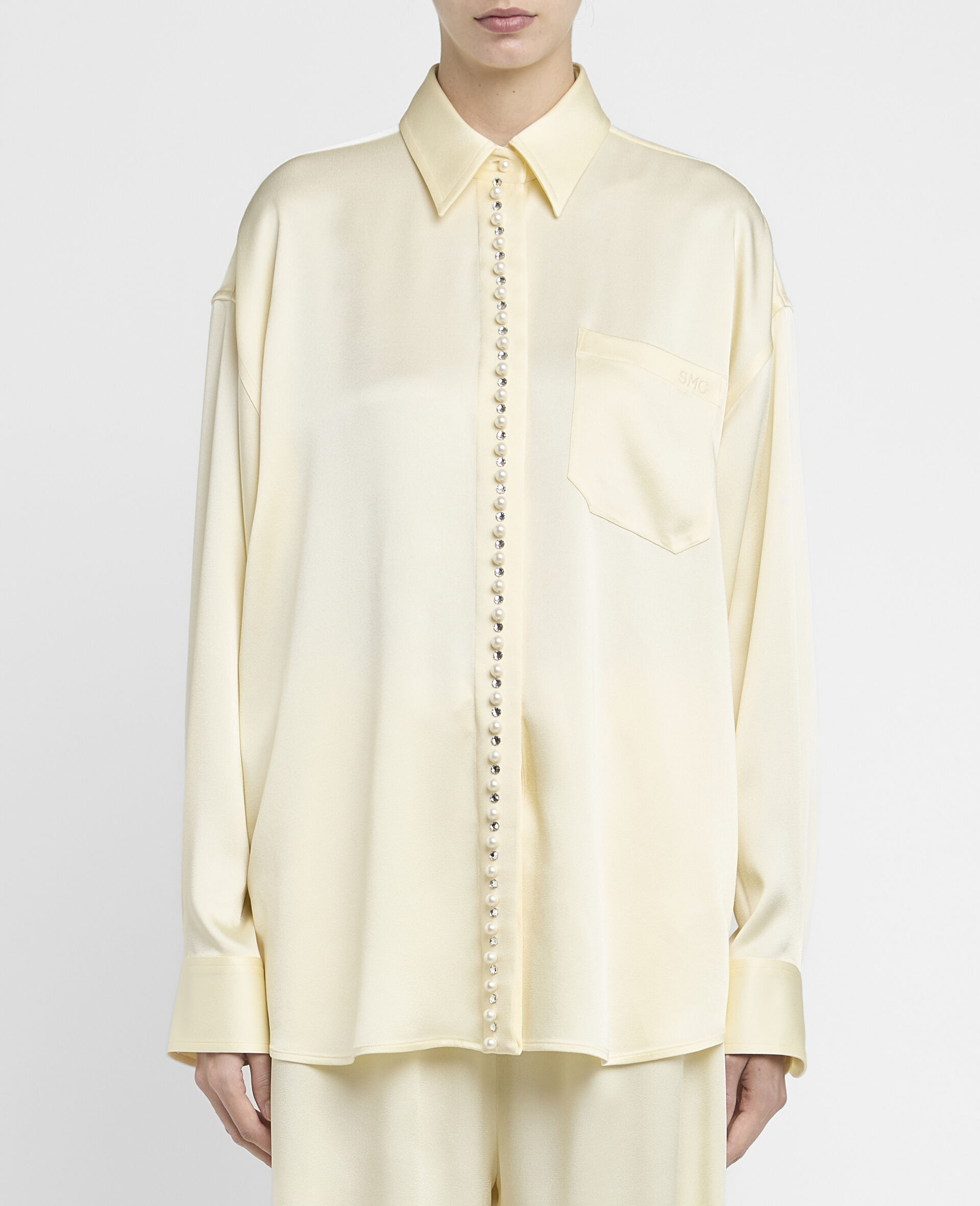 Oversized Pearl-Button Satin Shirt-Yellow-large image number 9