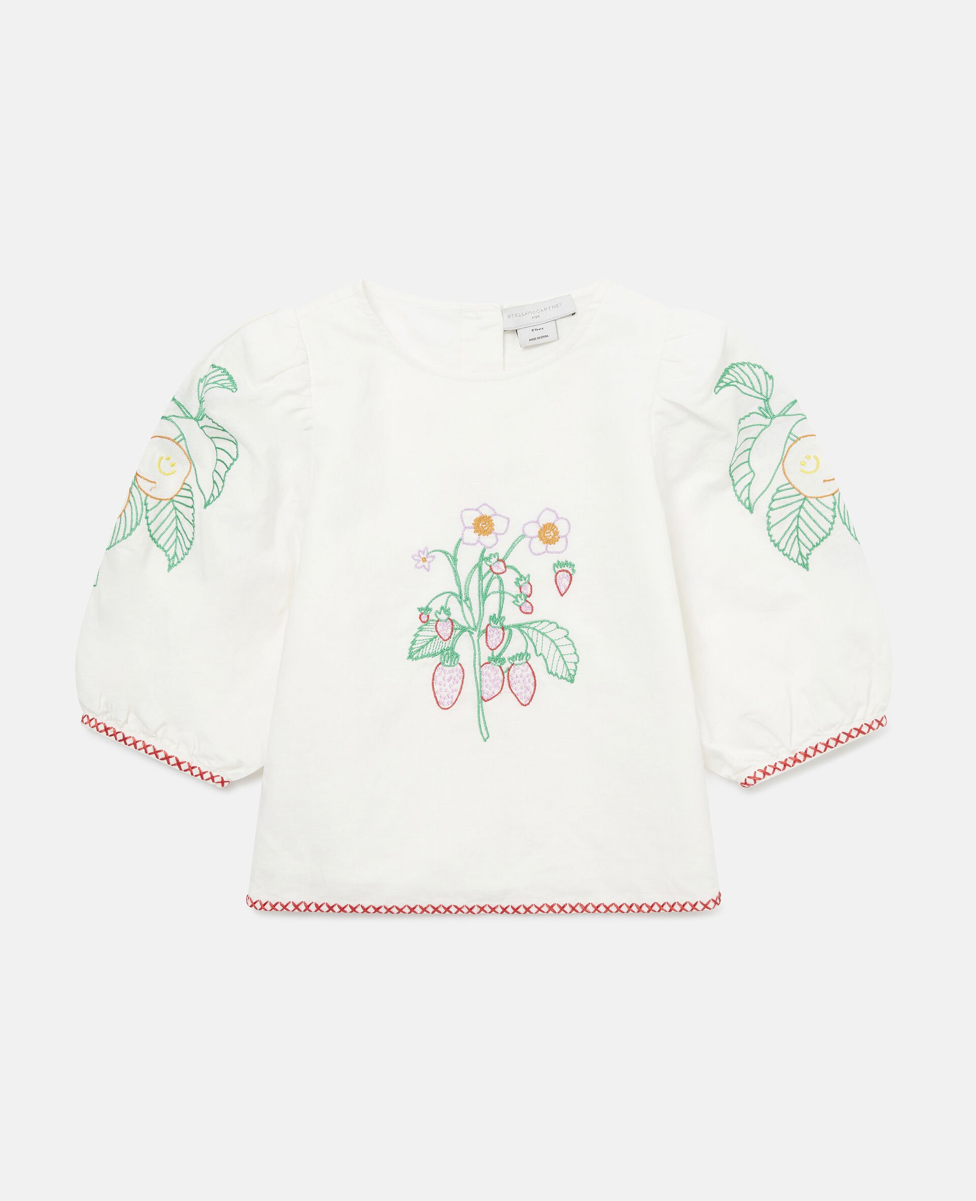 Flower Embroidered Linen & Cotton Top-White-large