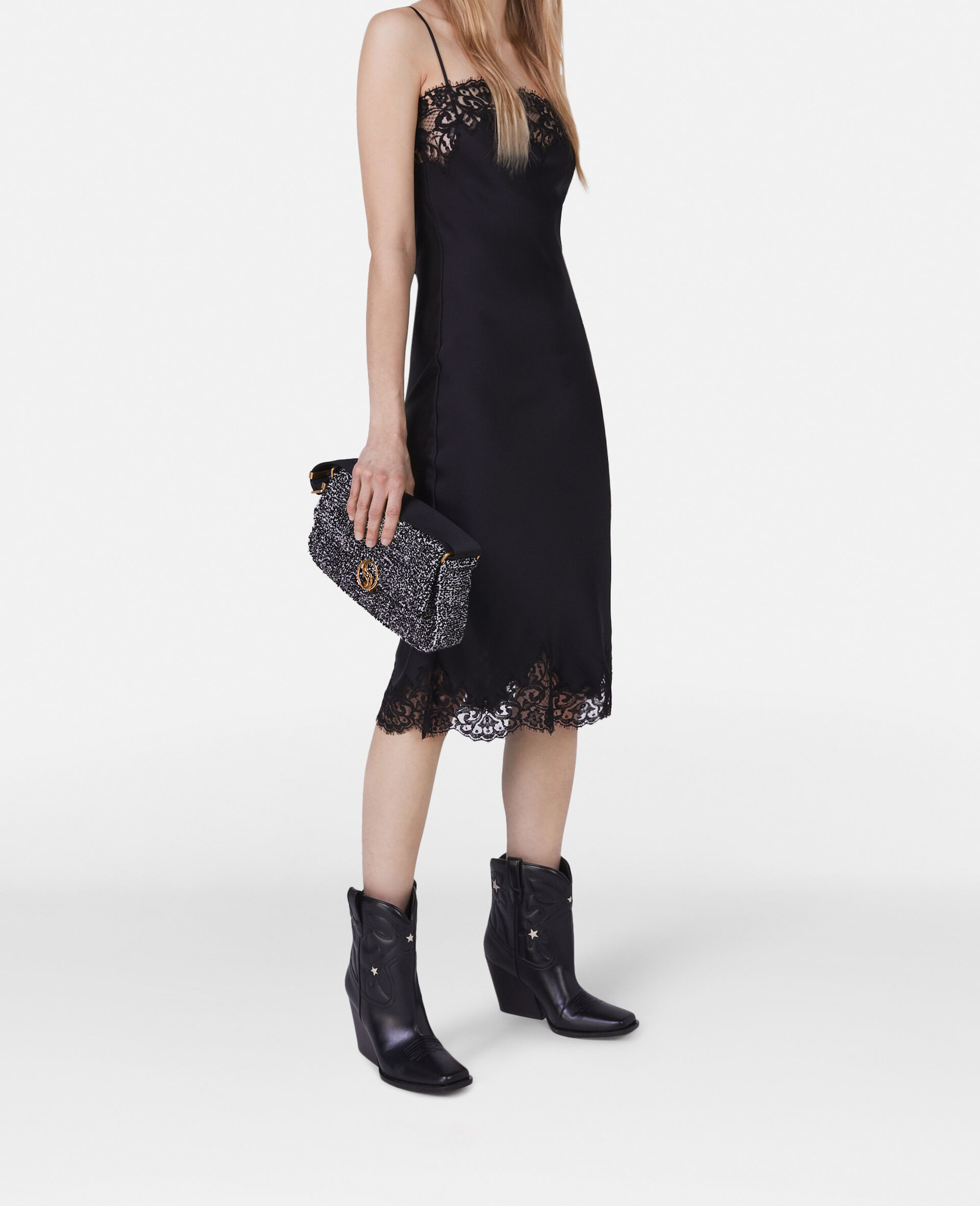 Sleeveless Lace Satin Midi Dress-Black-model