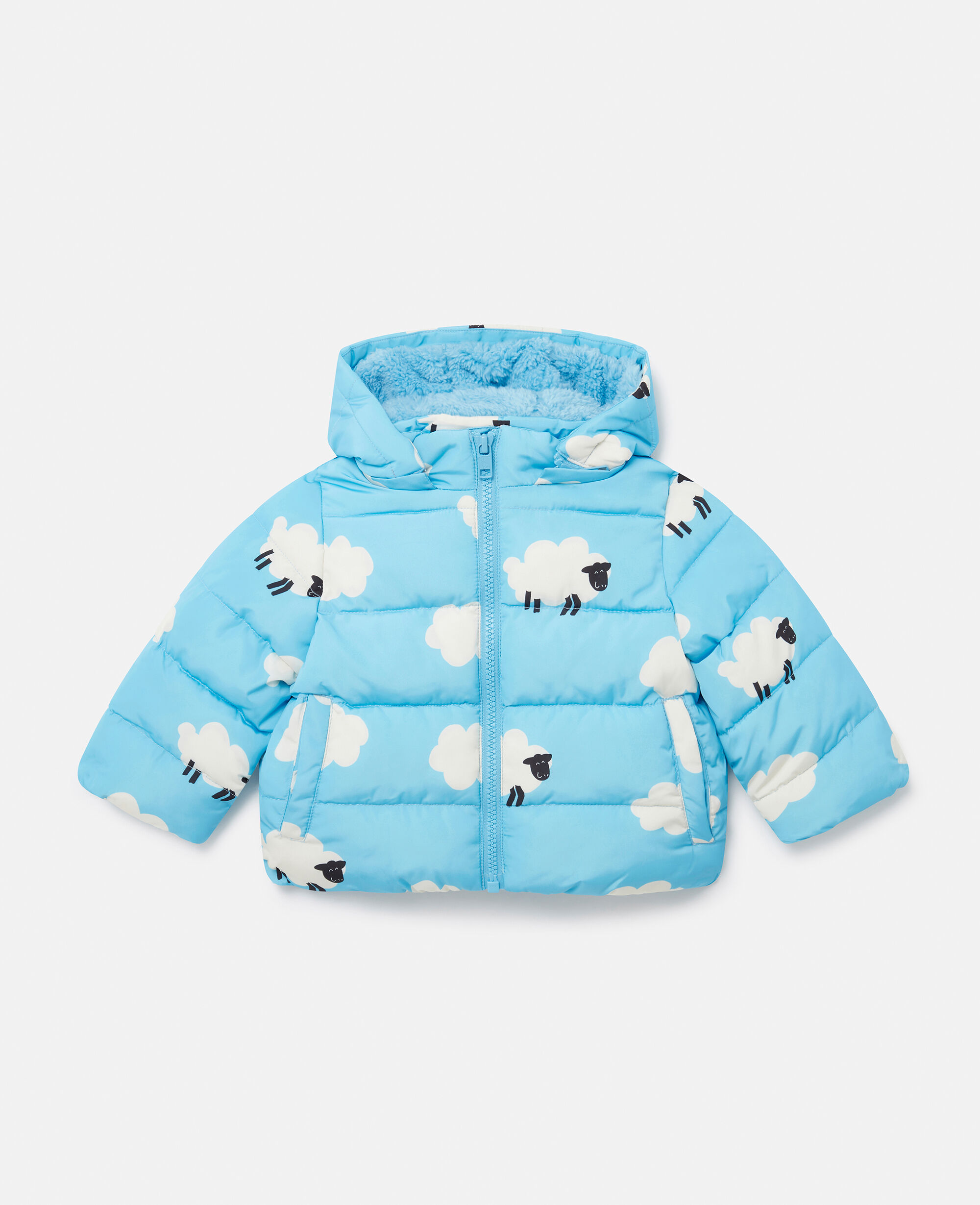 Women Blue and white Sheep Pattern Hooded Puffer Coat