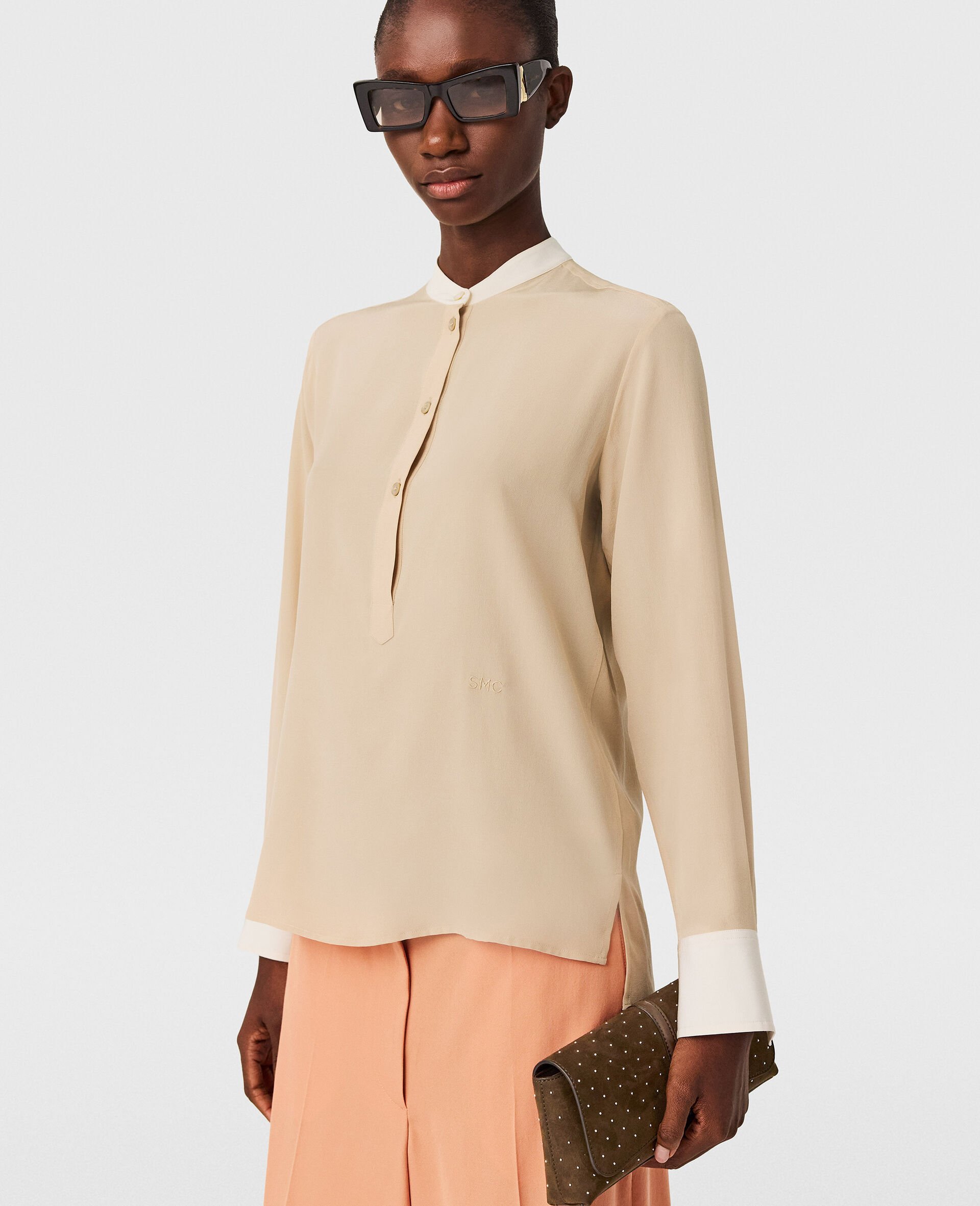 Contrast Panel Grandfather Collar Shirt-Brown-large image number 5