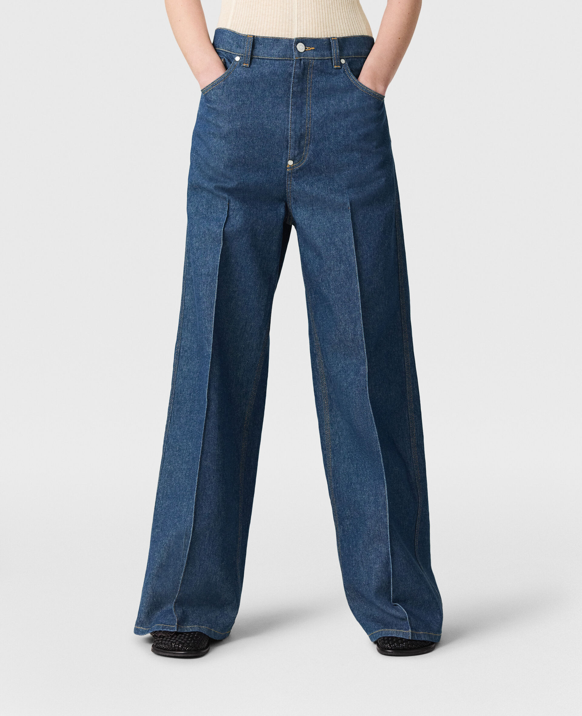 Centre-Pleat Denim Tailored Trousers-Blue-large image number 5