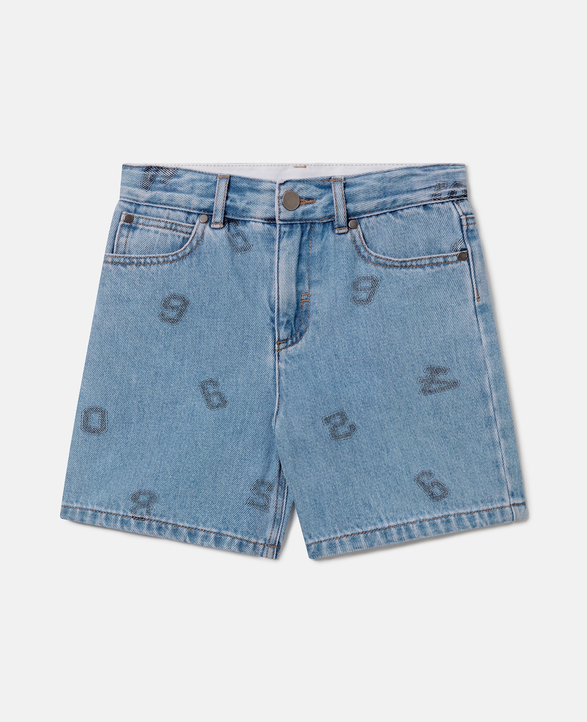 Numbers Print Denim Shorts-Blue-medium