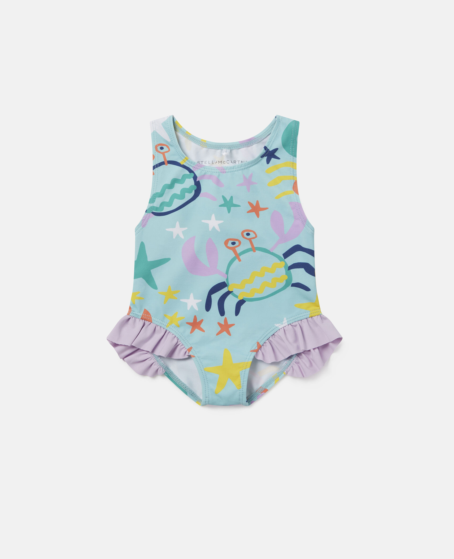 Crab Print Frill Swimsuit-Blue-large image number 0