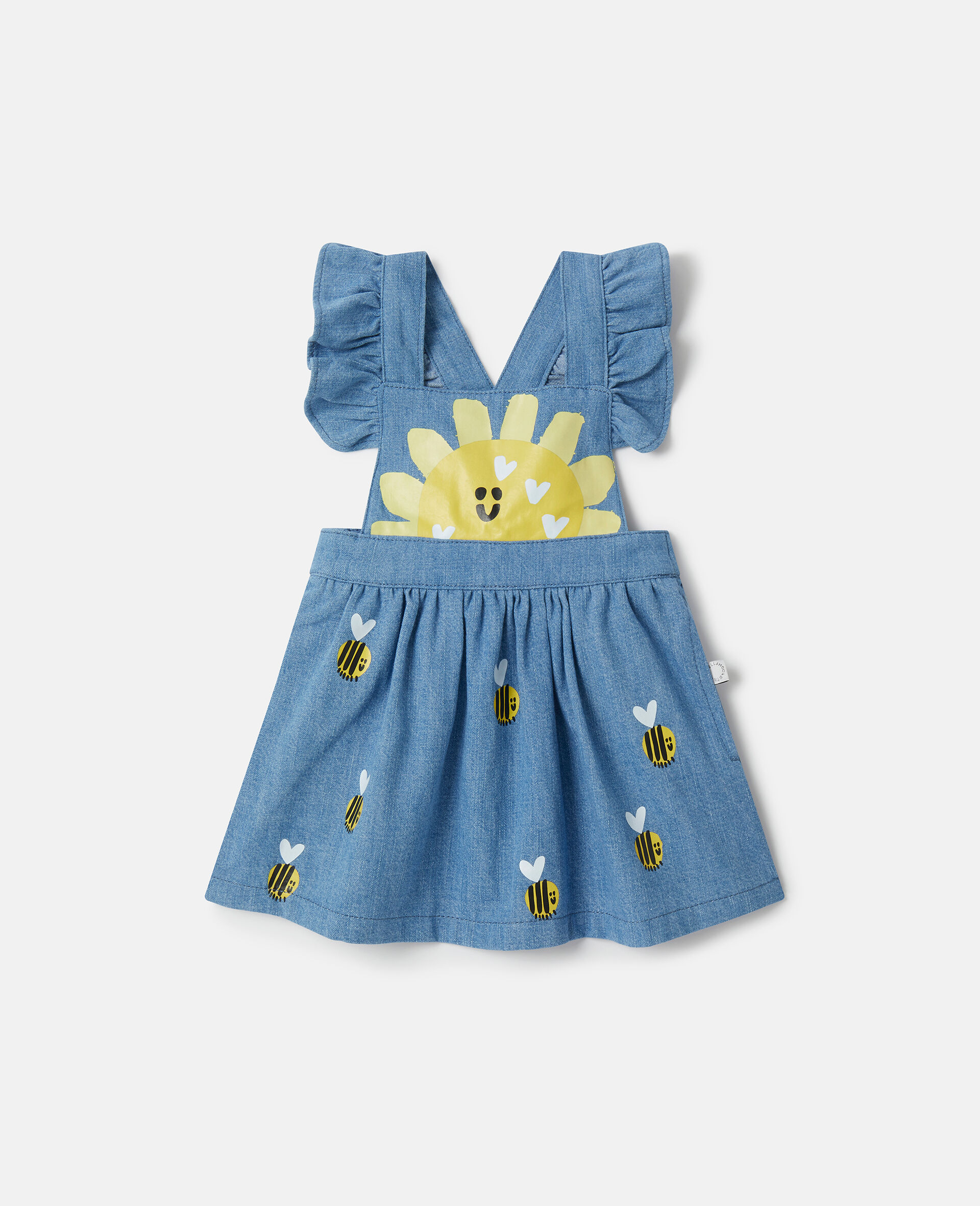 Bumblebee Print Chambray Pinafore Dress-Blue-medium