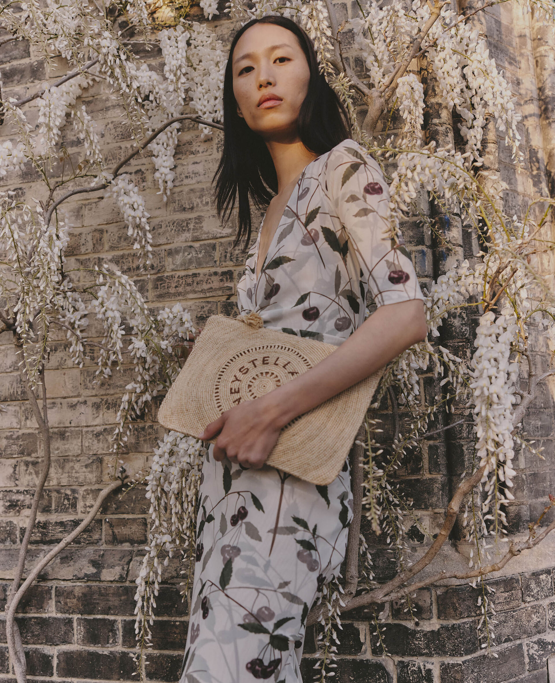 Cherry Print Mesh Half Sleeve Midi Dress-Beige-large image number 7