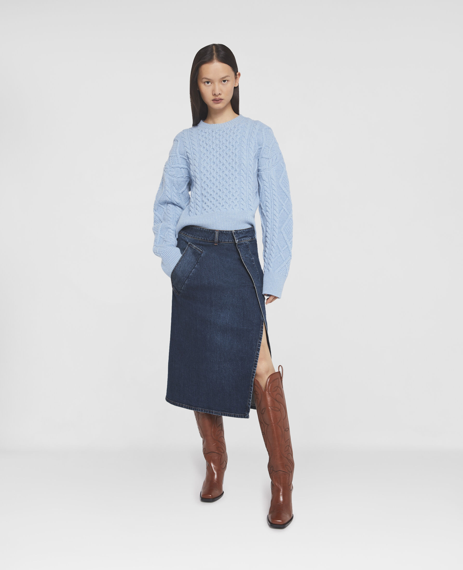 Cable Knit Wool Jumper-Blue-large image number 1
