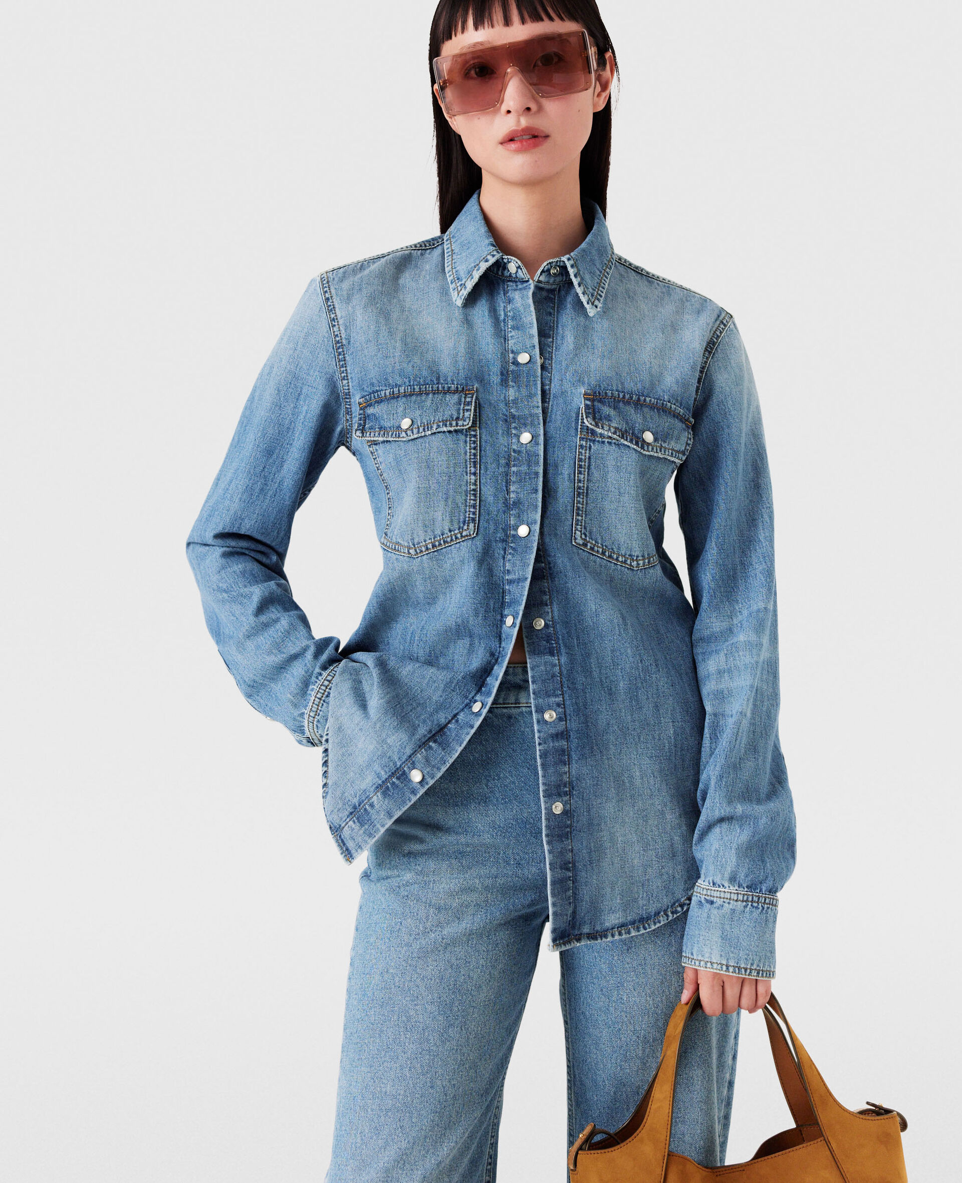 Vintage Wash Denim Shirt-Blue-model
