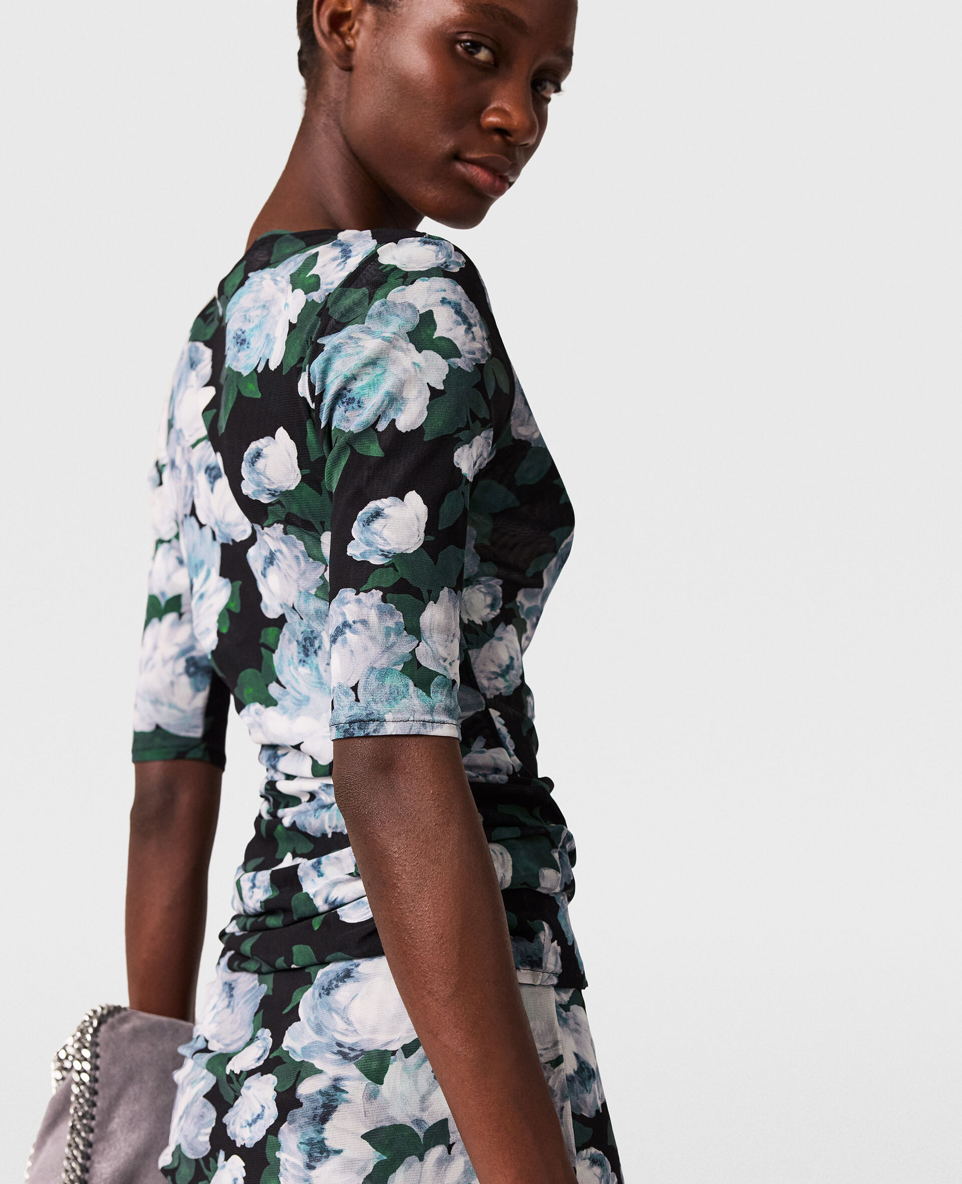 Floral Three-Quarter-Sleeve Mesh Top-Blue-large image number 3