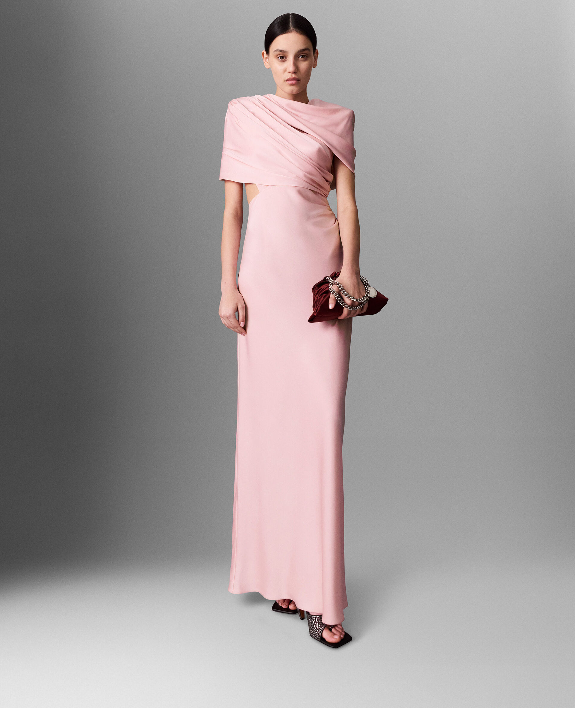 Robe longue enveloppante a manches courtes en satin-Rose-medium