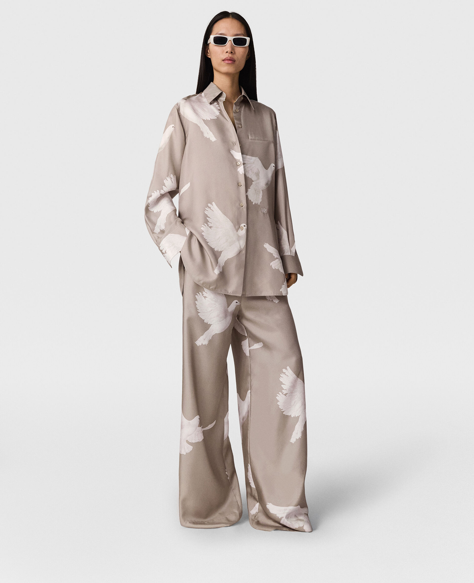 Oversized Dove Print Shirt-Beige-large image number 7