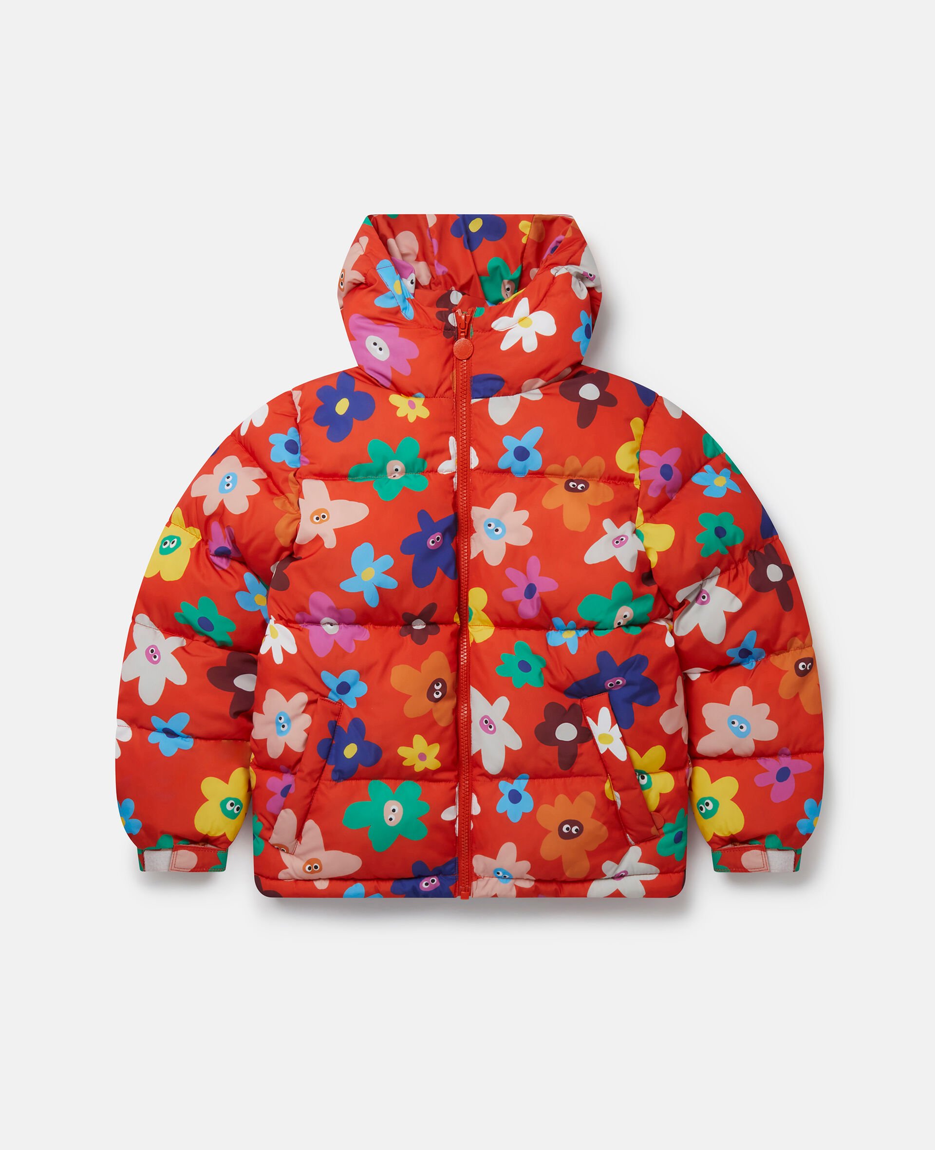 Smiling Flower Print Hooded Puffer Coat-Red-large Smiling Flower Print Hooded Puffer Coat-Red-large image number 0