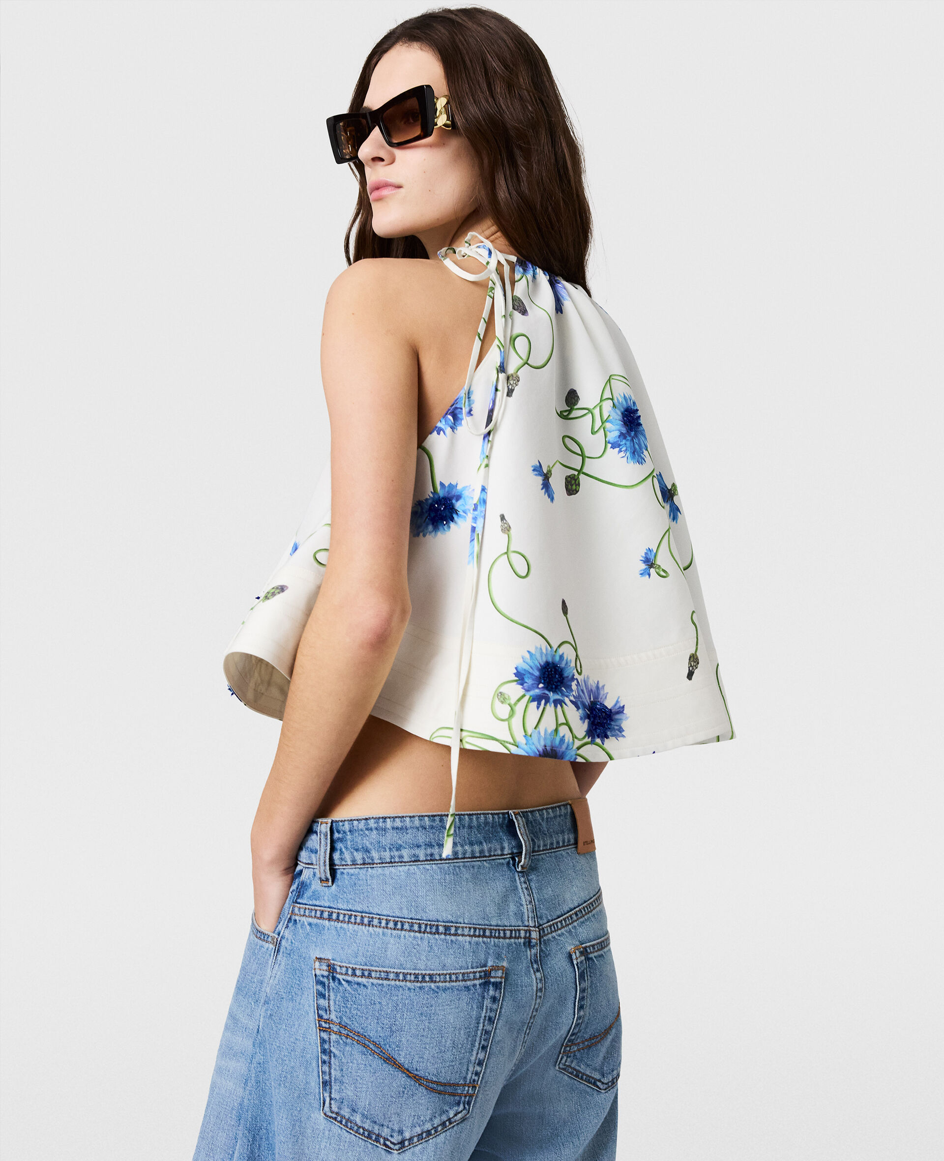 Haut sans manches a volants avec broderie bleuet-Blanc-large image number 3